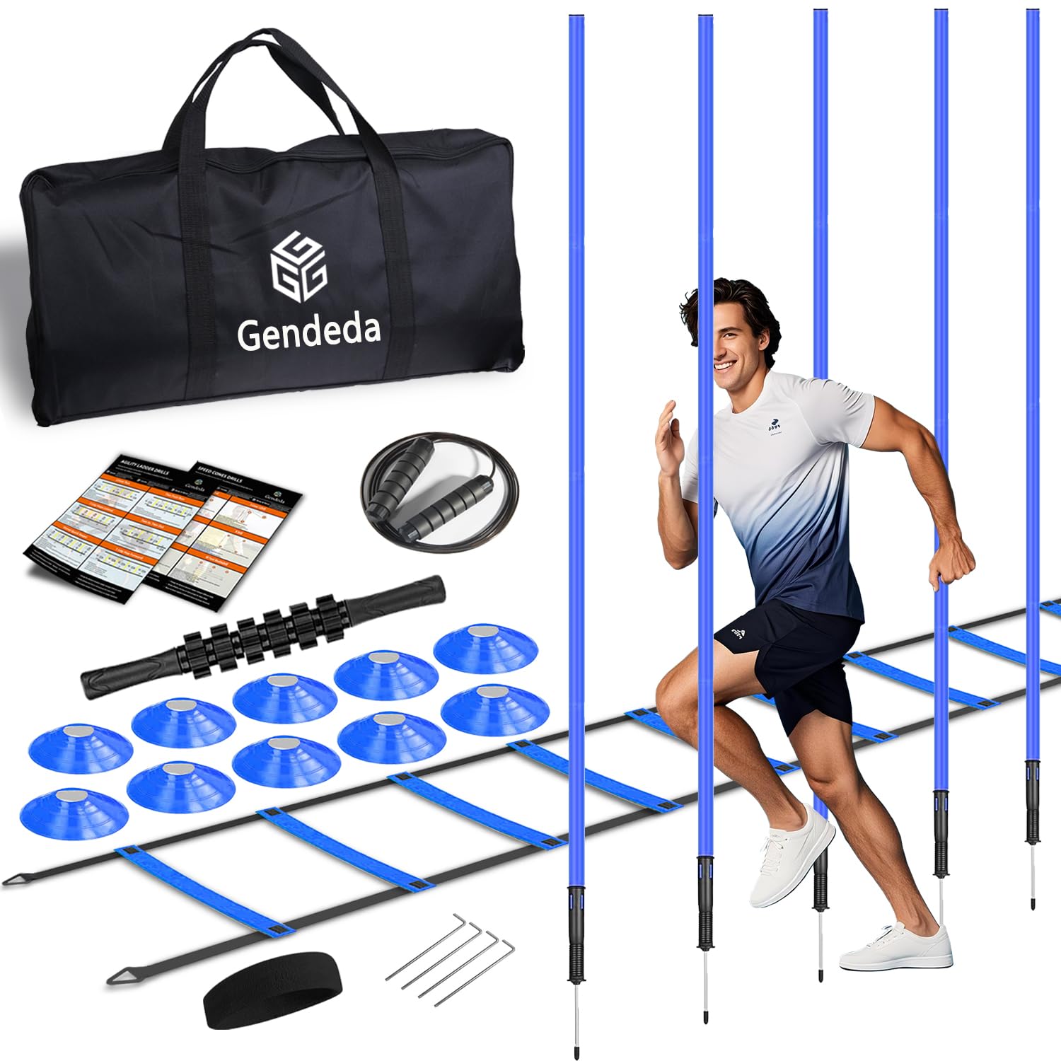 Slalomstangen Fussball Trainingsset Set — Fussball trainingszubehör mit 5 Slalom Stangen, Koordinationsleiter 6m, 10 Hütchen, Springseil — Komplettes Trainingszubehör für Kinder & Erwachsene