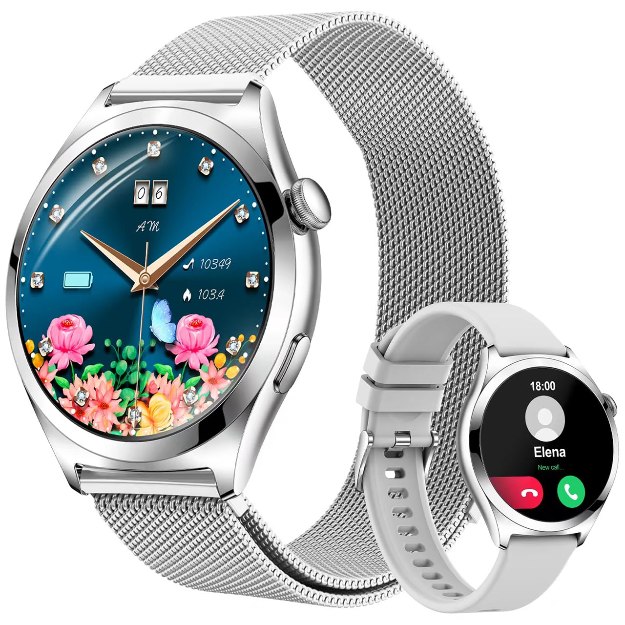 Reloj Inteligente Mujer Llamadas, Pantalla Curva HD de 1,27", Plata | Monitor de Frecuencia Cardíaca SpO2 Sueño, 120+ Modos Deportivos, Podómetro, IP68 Smartwatch Mujer, Android iOS, 2 Correas