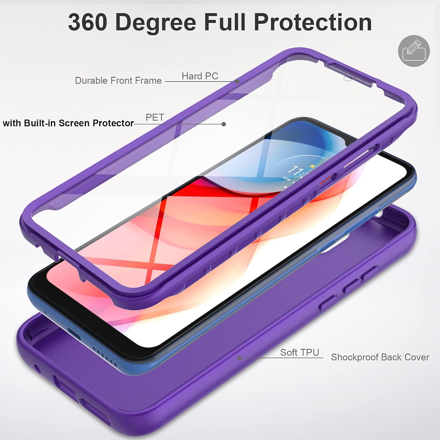 for Moto G Play 2021 Case with Built-in Screen Protector, Full Body Protection Shockproof Cover Case, [Rugged PC Front Bumper + Soft TPU Back Cover] Armor Protective Phone Case (Purple)