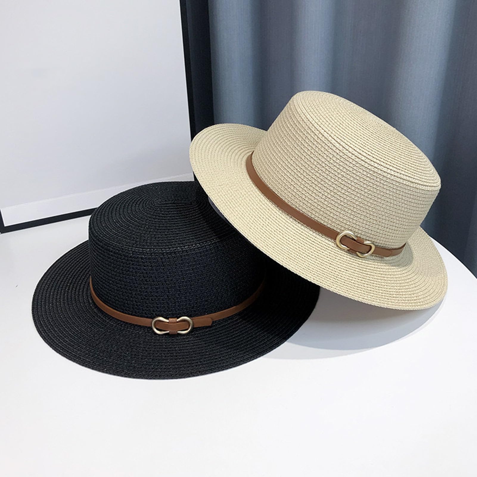 Cappello Panama per uomo e donna, a tesa larga, con parte superiore piatta, stile francese, con fibbia in finta pelle, protezione UV, cappello da spiaggia