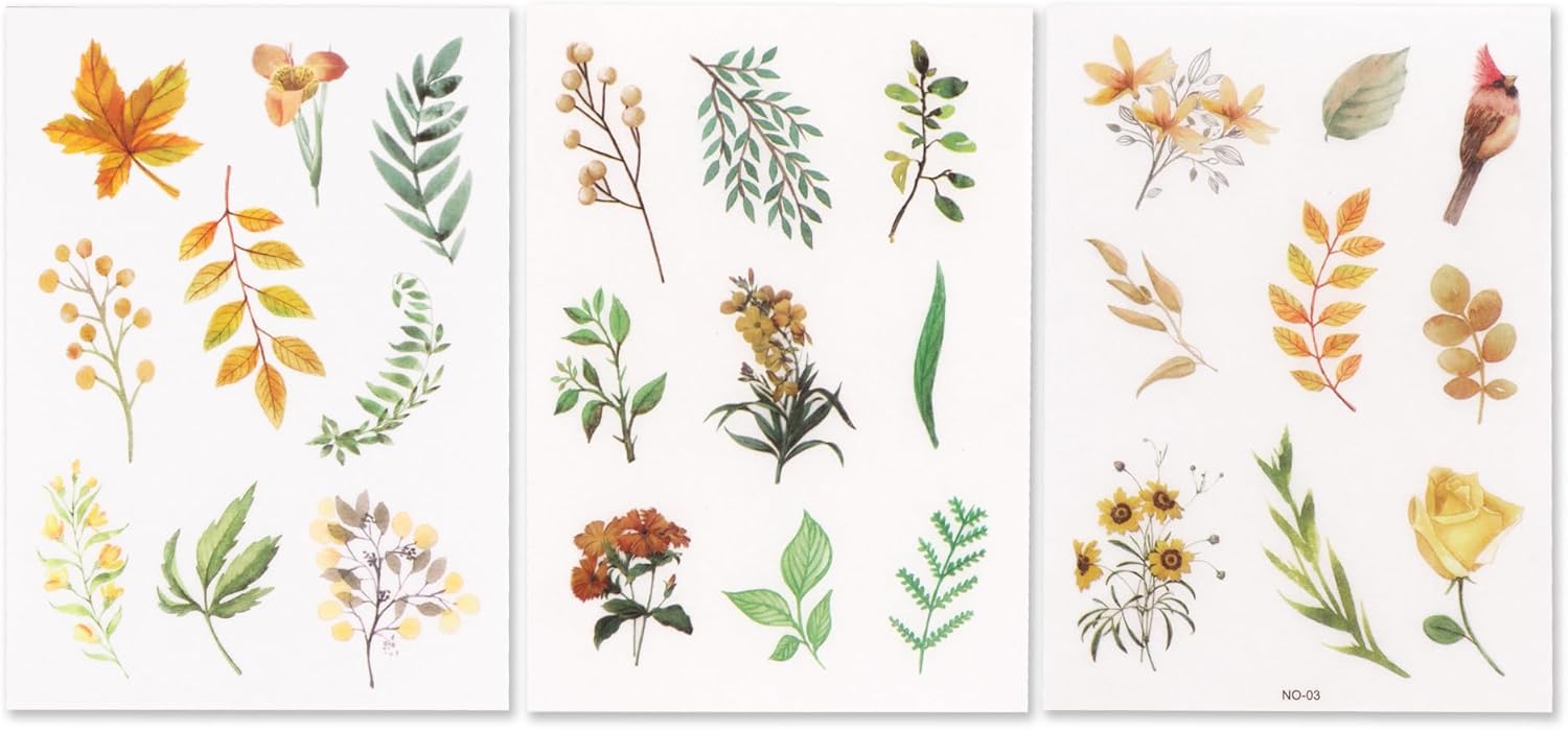 3 Sheets Foliage Sticker Set, Leaves Flowers Vinyl Stickers Kids DIY Crafts Vintage Style Self-Adhesive Waterproof Decals for Scrapbooking, Journalling, Computer, Water Bottle (Style B)