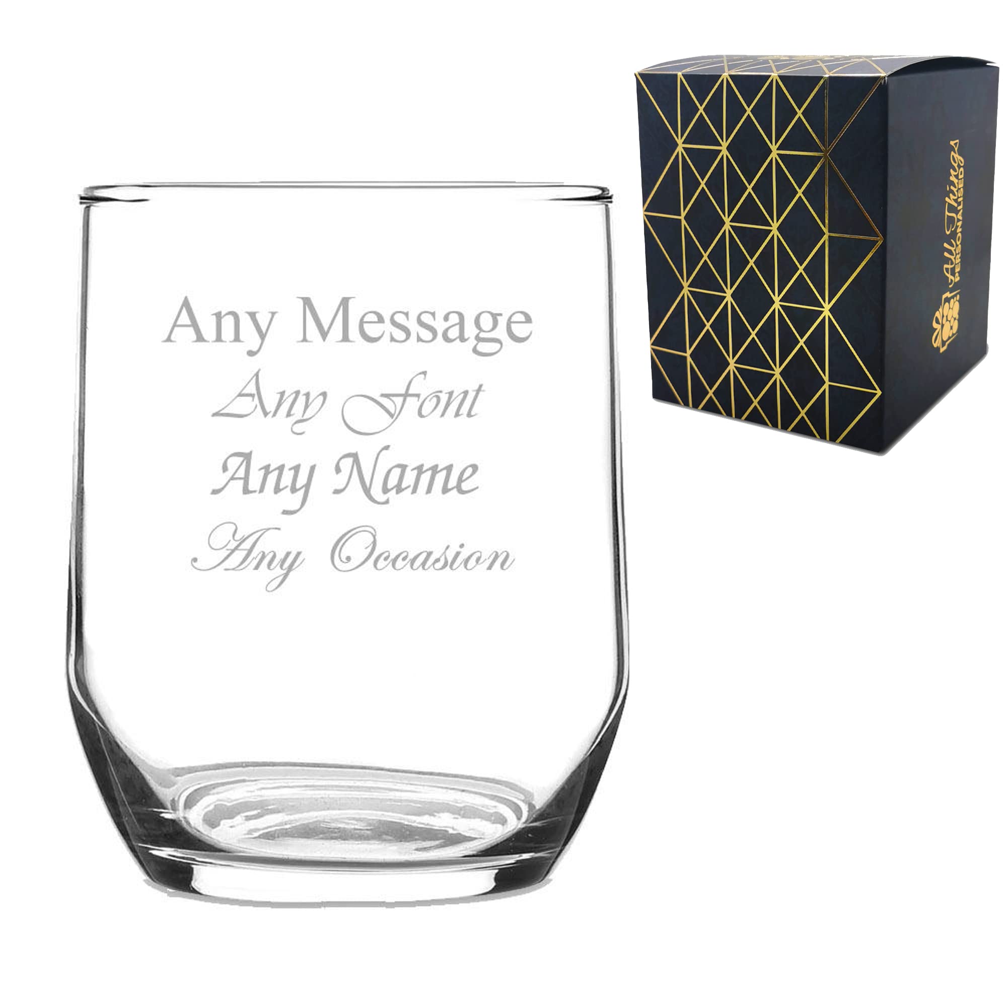 Personalised Engraved Sude Whisky Glass Stemless Gin Tumbler, Gift Boxed, Personalise with Any Message for Any Occasion