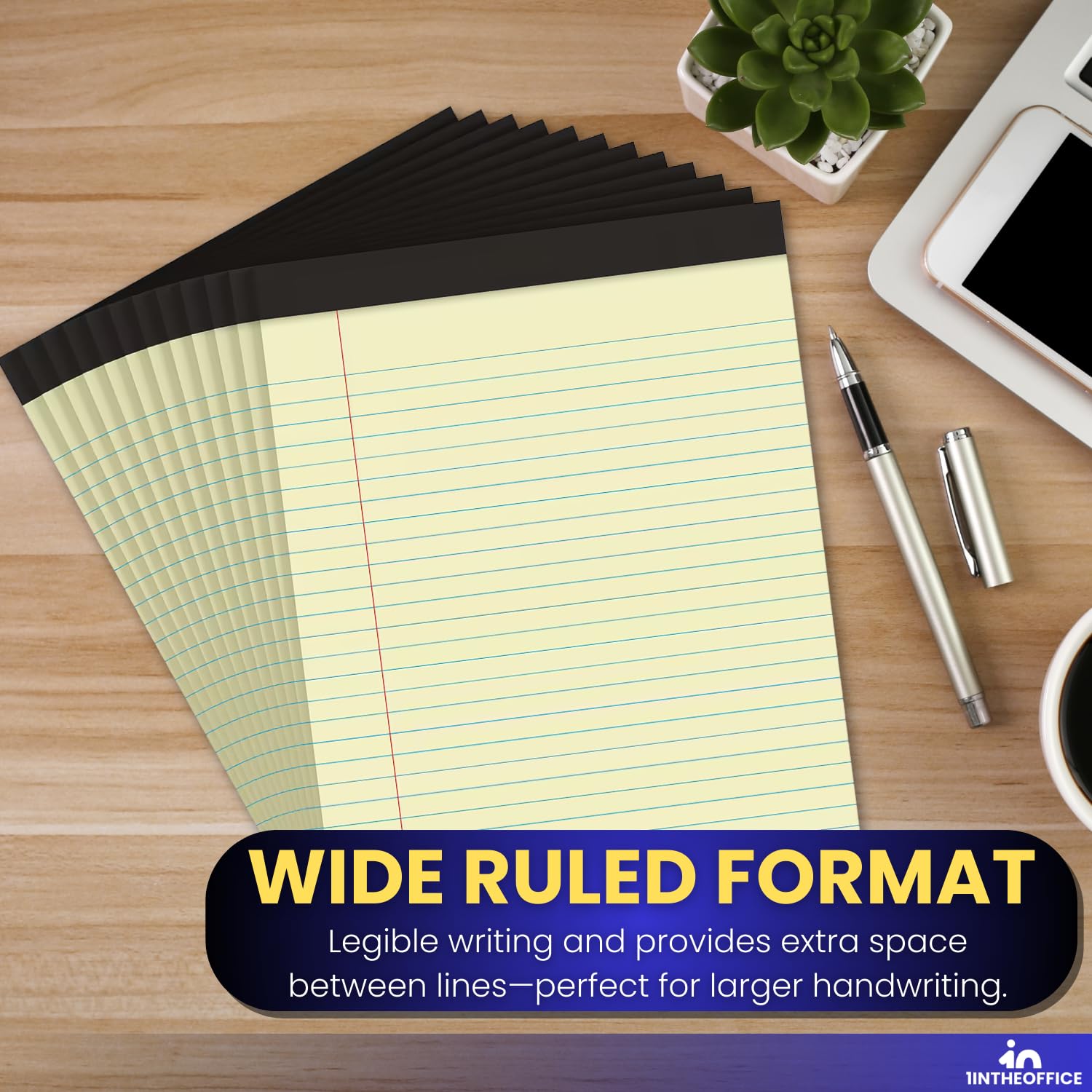 1InTheOffice - Blocco note 8,5 x 11, a righe ampie, 50 fogli per blocco note, 12 pezzi