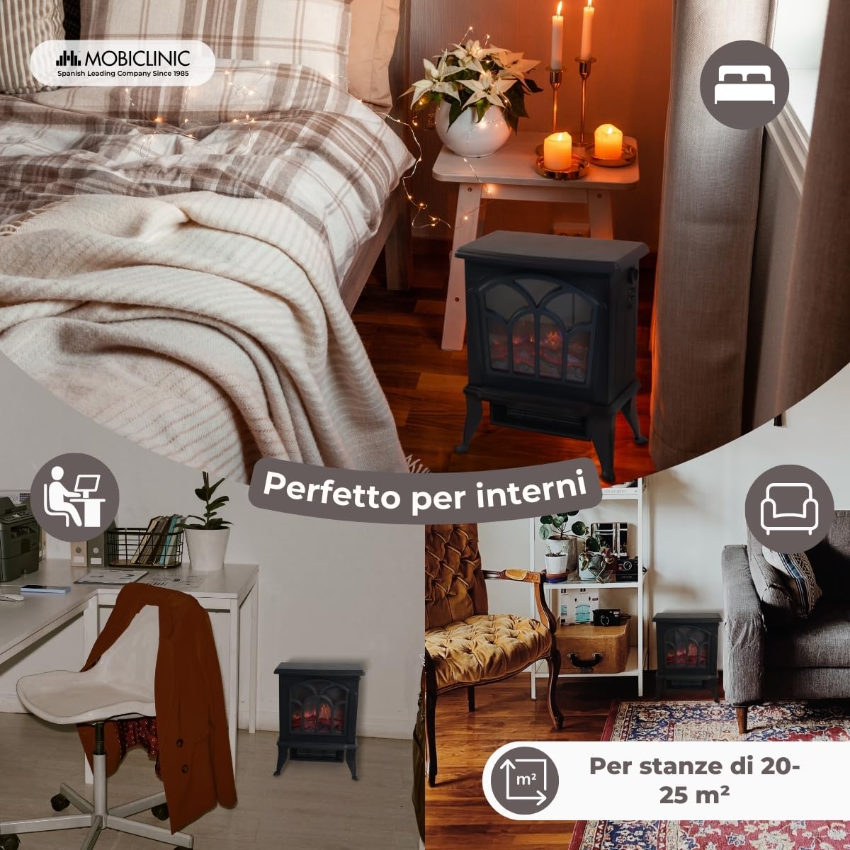 Mobiclinic®, Caminetto elettrico portatile da pavimento, 900/1800w, Protezione contro il surriscaldamento, Leggero, Decorativo, Fiamma 3d, Temperatura regolabile, Ira, Per stanze 25 m2