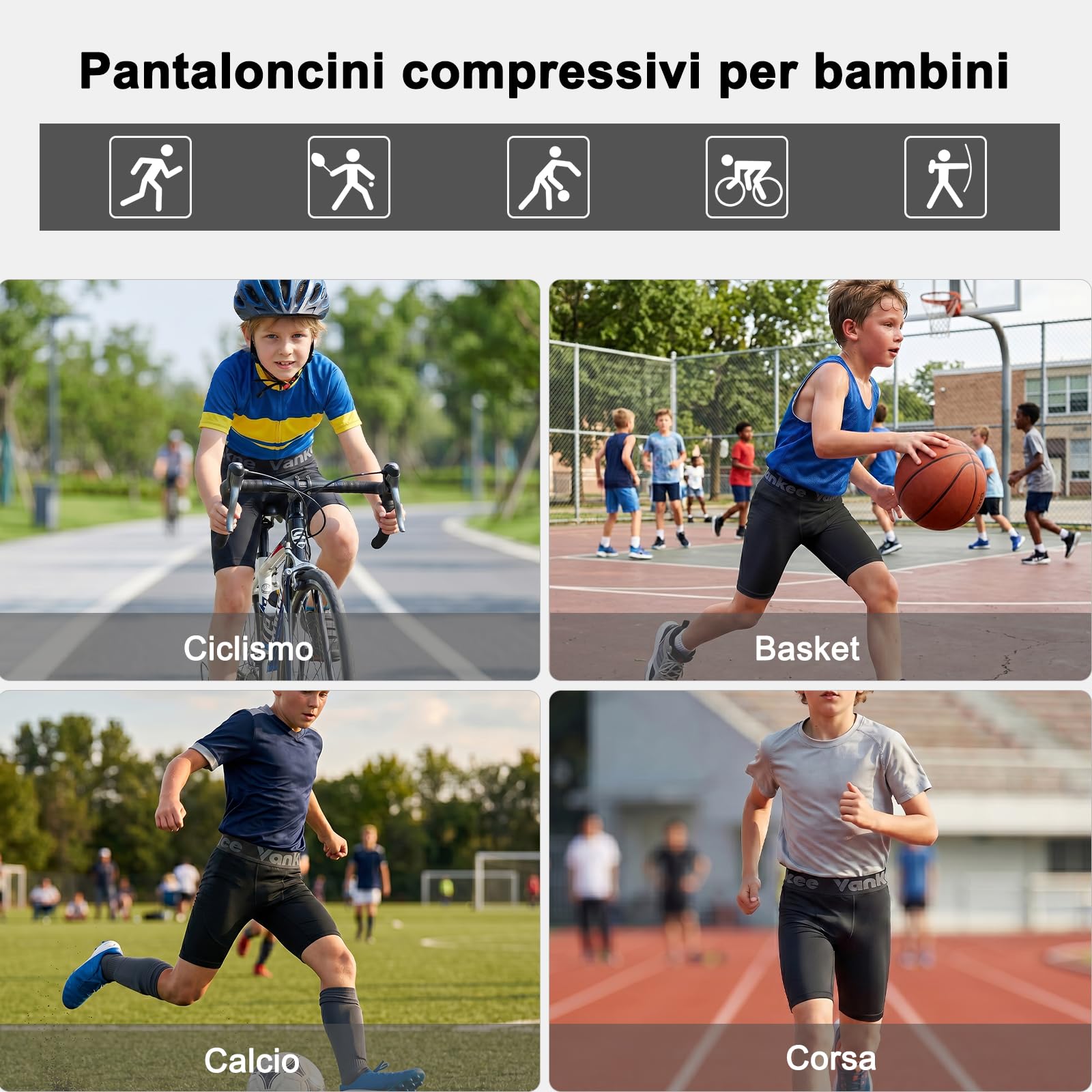 Pantaloncini Compression Ragazzi Asciugatura Rapida Traspirante Ciclismo Bambini Leggero Elevata Elasticità Sportivi