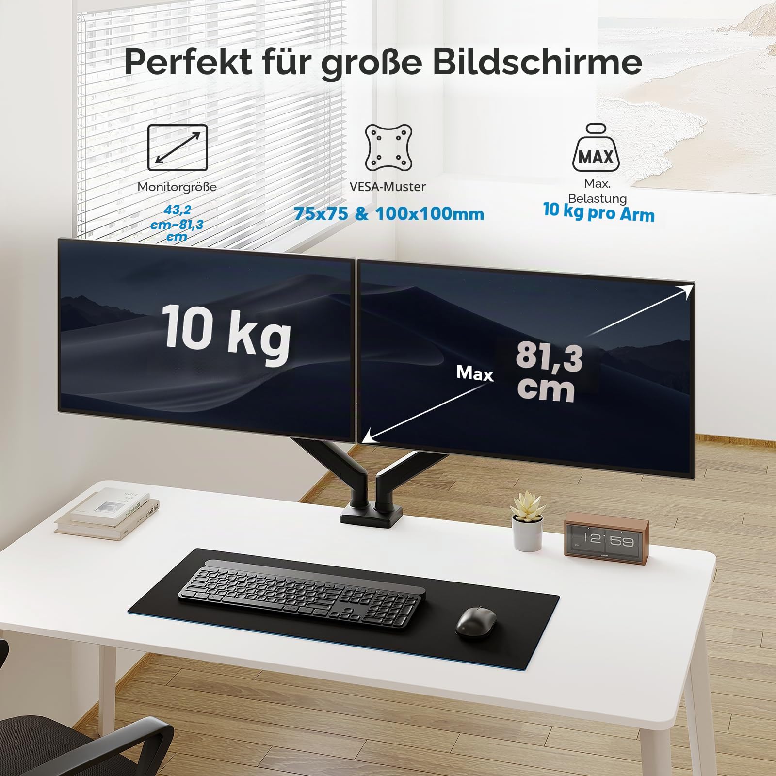 HUANUO Monitorhalterung für 2 Monitore, Stabile & Ergonomische Dual Monitor Arm bis 32 Zoll, Höhenverstellbar, Neig- & Drehbar, VESA 75/100, bis 10 kg pro Arm