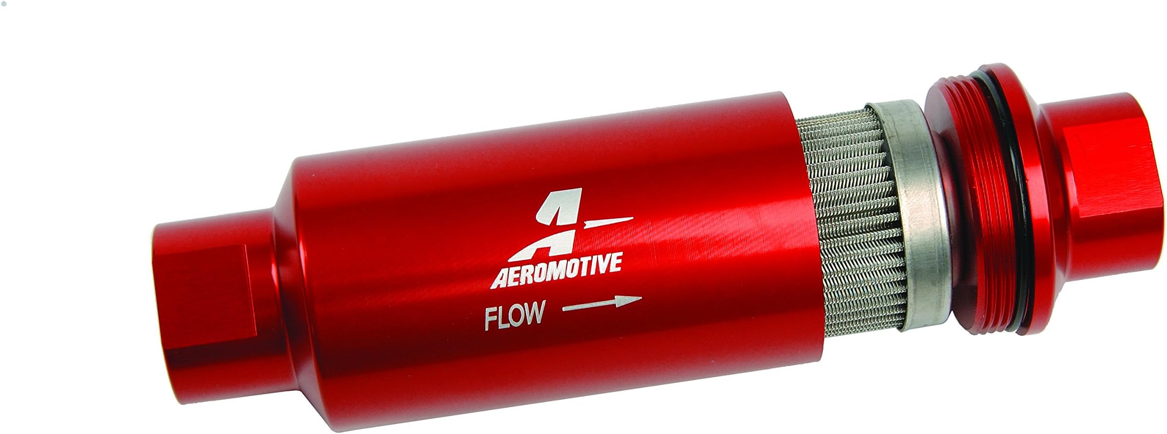 Aeromotive 100 Micron Inline Fuel Filter - ORB-10 Ports, Stainless Steel Element, Red Billet Aluminum Housing, Universal Gas & Diesel, Compact Size - 12304