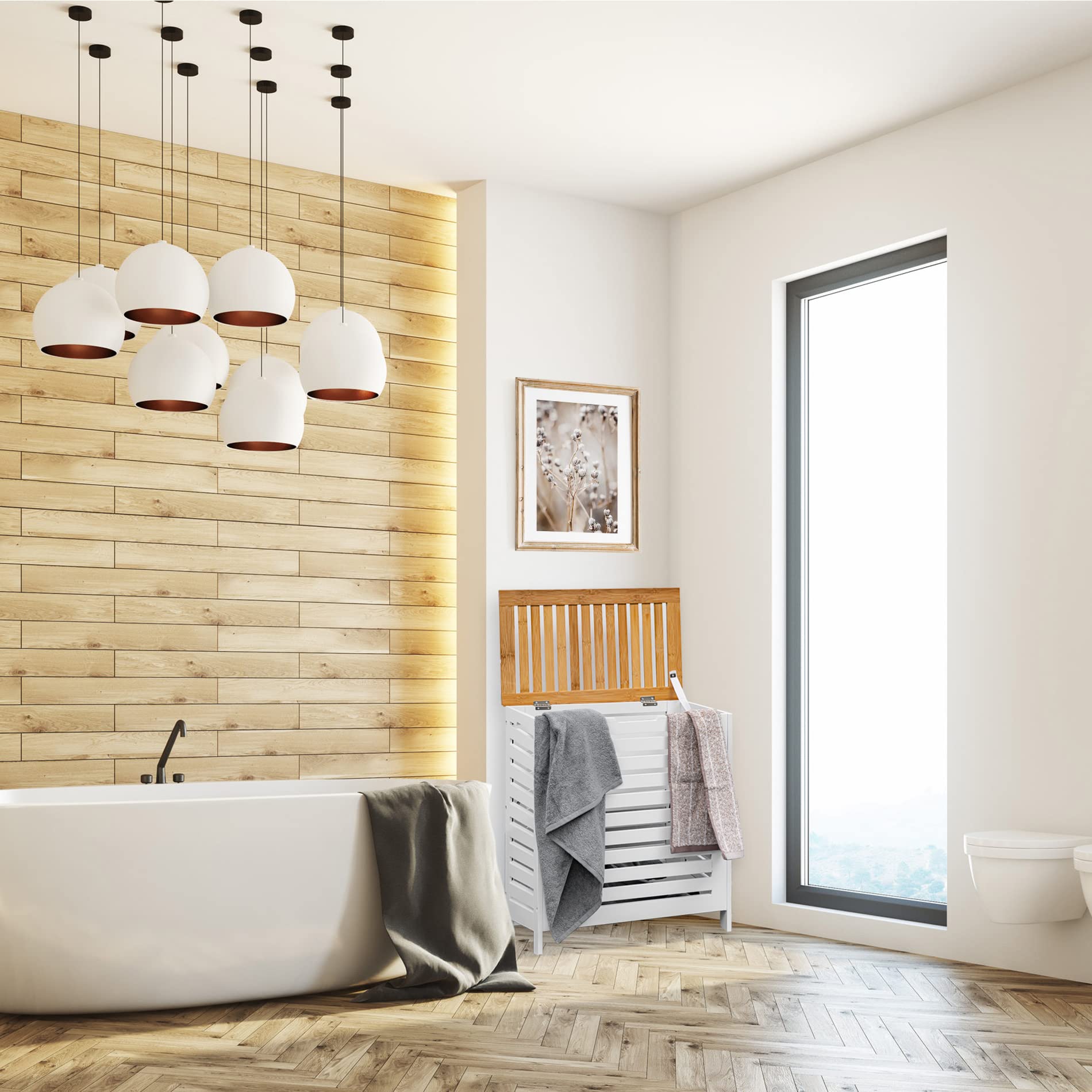 Rebecca Mobili Panier à linge avec couvercle en bois de bambou Mdf, blanc brun, gain de place Salle de bains Organisation du linge - Dimensions HxLxP : 55 x 50 x 30 cm - Art. RE6711