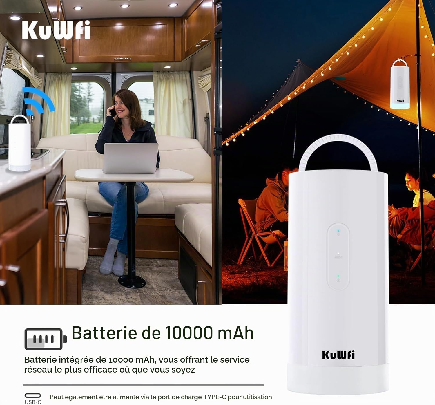 KuWFi Routeur WiFi 4G+ Cat6 AC1200 Double Bande, Emplacement SIM, 10000mAh | Internet haut débit 900 Mbps, ports Ethernet LAN/WAN, connexion portable pour camping-car et camping, avec lampe intégrée