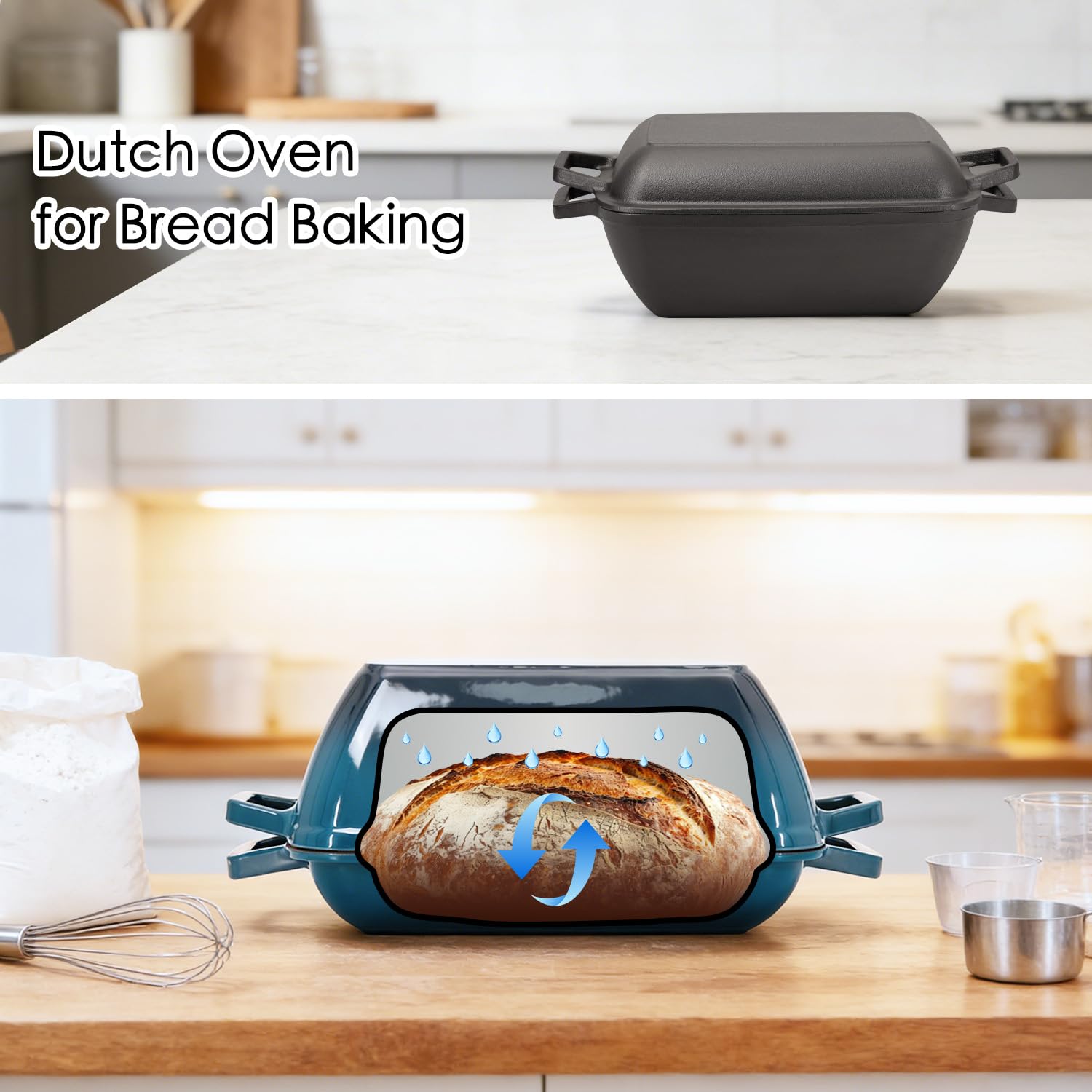 Flavehc Schmortopf aus Gusseisen, zum Brotbacken, 30,5 x 20,3 cm, emaillierter Brotofen mit Deckel, 6QT, Gusseisen, Brot, Dutch Oven für Sauerteig, Dunkelcyan
