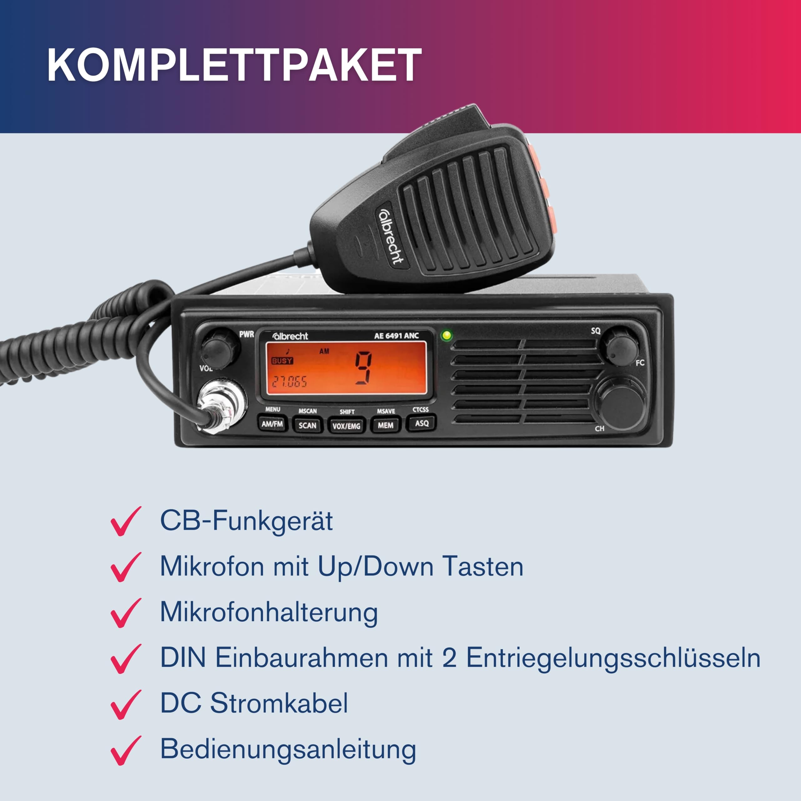 Albrecht AE 6491 ANC CB-Funkgerät, mit VOX Freisprechfunktion, ANC & NRC Geräuschfilter für Beste Audioqualität in Auto & LKW, CB-Funk mit CTCSS, schwarz