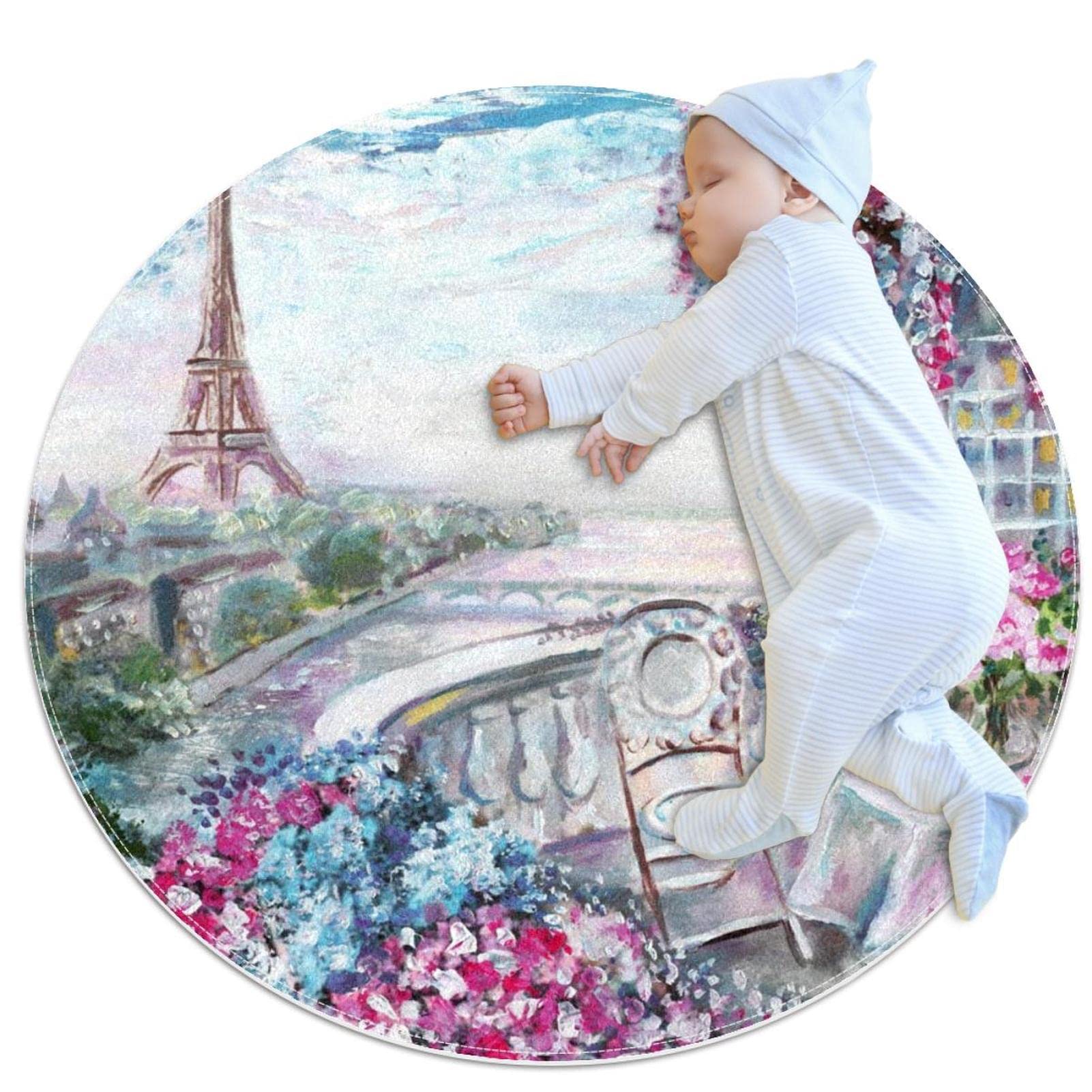 Tapis de sol de salle de bain premium rond 1m décor café parisien