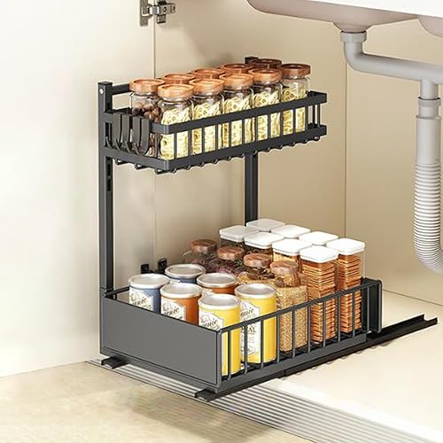 Miniatura 2 de Organizador para debajo del fregadero, organizador ajustable de 2 niveles con ganchos, estante deslizante para debajo del gabinete, organizador