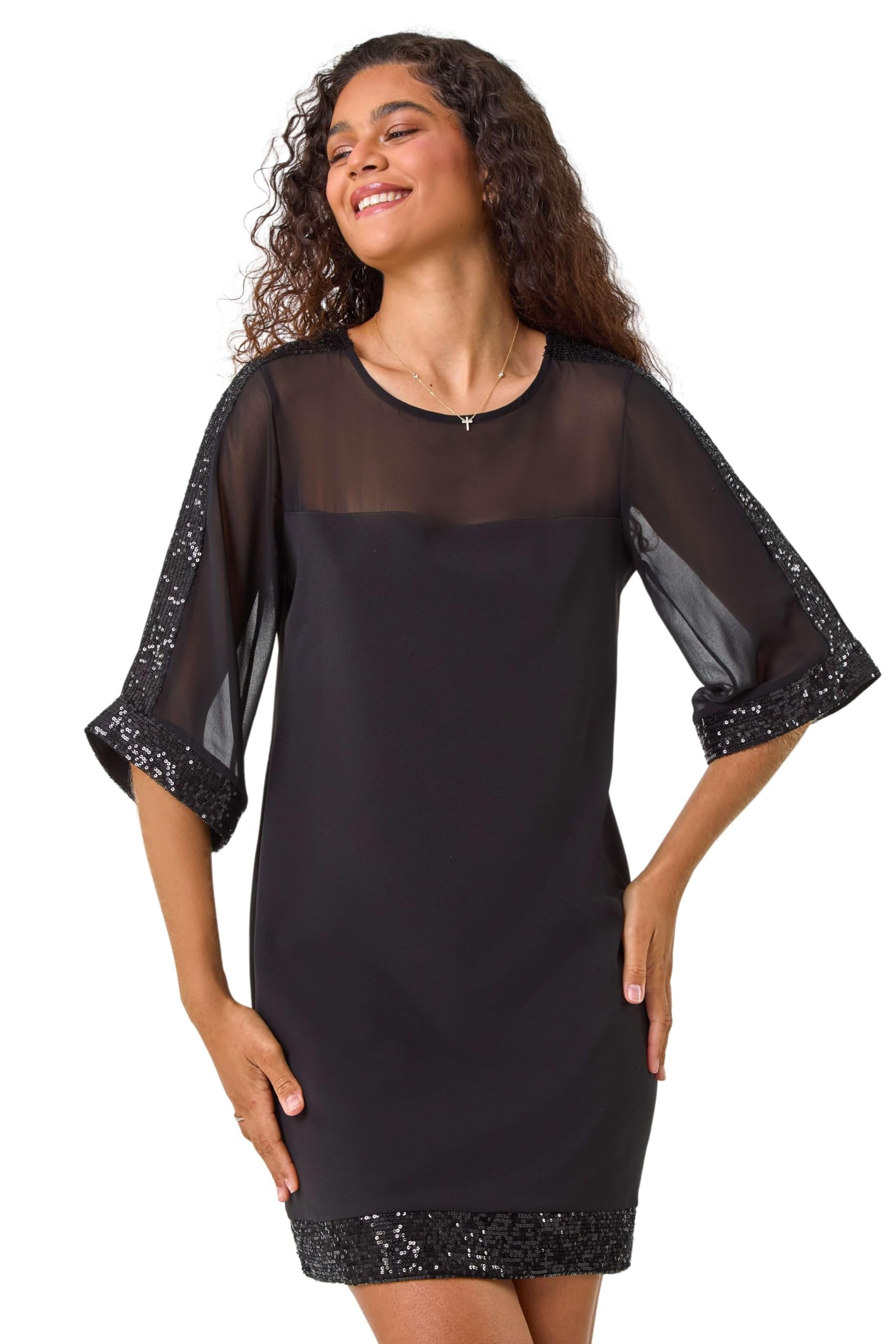 Roman Women's Sequin Trim Shift Dress in Black | Size: 18
