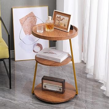 Round End Table Side Table with Metal Frame,3-Tier Accent Table Nightstand Bedside,Small Side Table with Storage Shelves for Living Room Bedroom,Log Gold