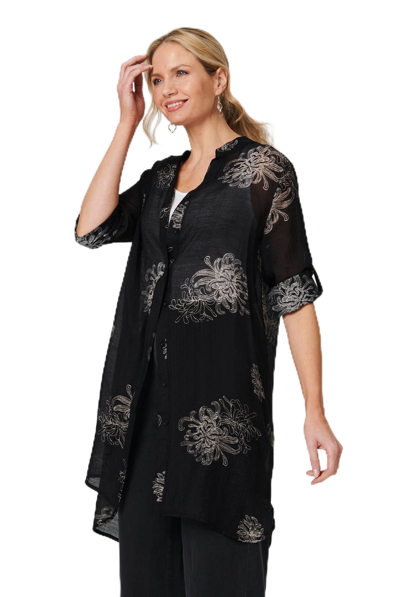Izabel London Women's Black Floral Semi Sheer Longline Tunic Shirt In | Size: 10