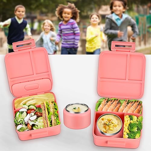 Miniatura 6 de MAISON HUIS Lonchera Bento para niños con termo de sopa de 8 onzas, recipientes de almuerzo a prueba de fugas con 5 compartimentos, tarro térmico