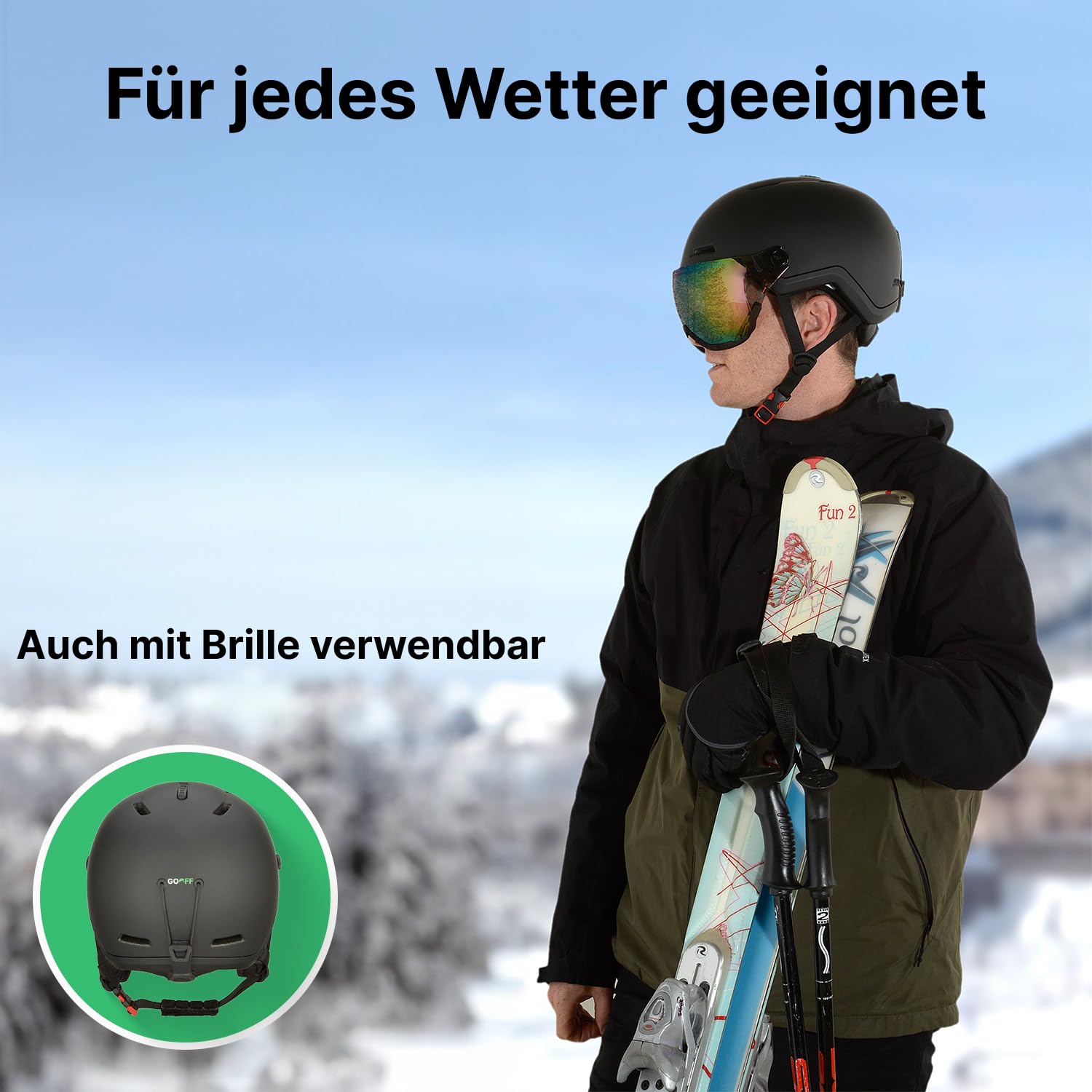 GOOFF Xtreme Casco da sci con visiera – Casco da sci con occhiali da sci – Ventilazione utilizzabile anche con i guanti sul casco, cuscinetti auricolari rimovibili per le giornate calde – offre la
