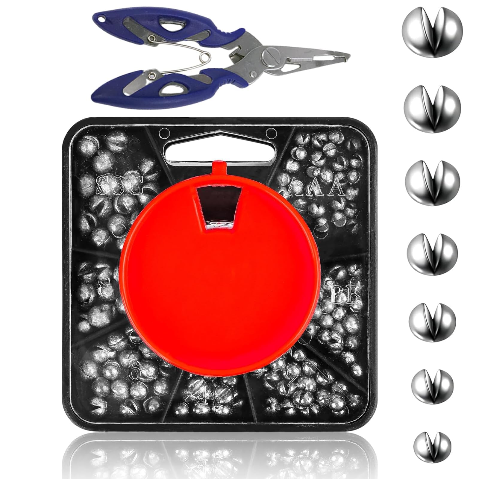 180 Pcs Fishing Weights, Stainless Steel Split Shot Fishing Weights with Pliers and Compartment Box, 7 Sizes, Fishing Sinkers Dispenser Weights for Coarse Angling