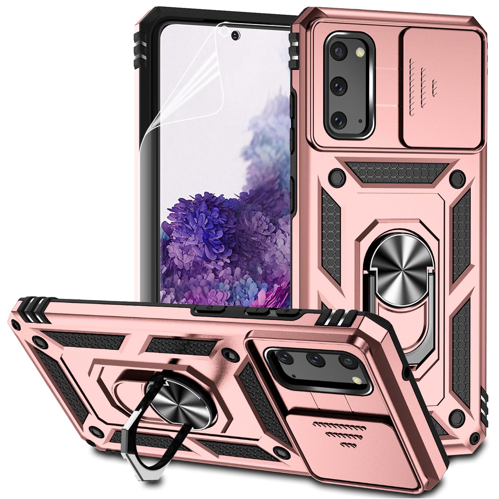 for Samsung Galaxy S20 Case with Camera Lens Cover HD Screen Protector, Dual Layer Military-Grade Drop Tested Magnetic Ring Holder Kickstand