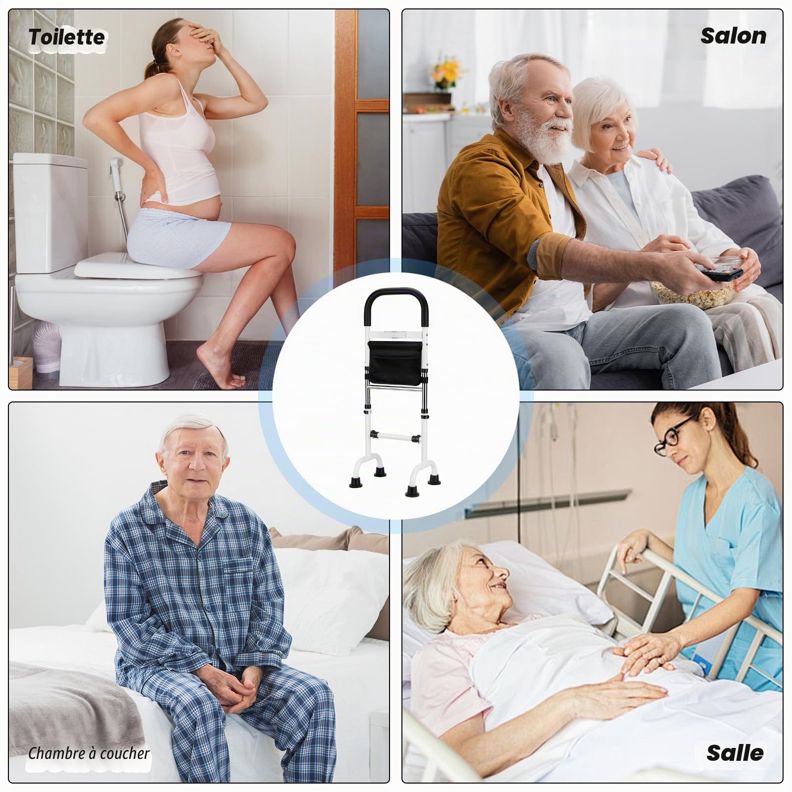 Aides Lever Lit 78 – 95 cm Réglable Support pour se lever du lit avec lumière LED Capacité 136 kg Aide pour rester debout sur les canapés, lits, à côté des toilettes pour personnes âgées et