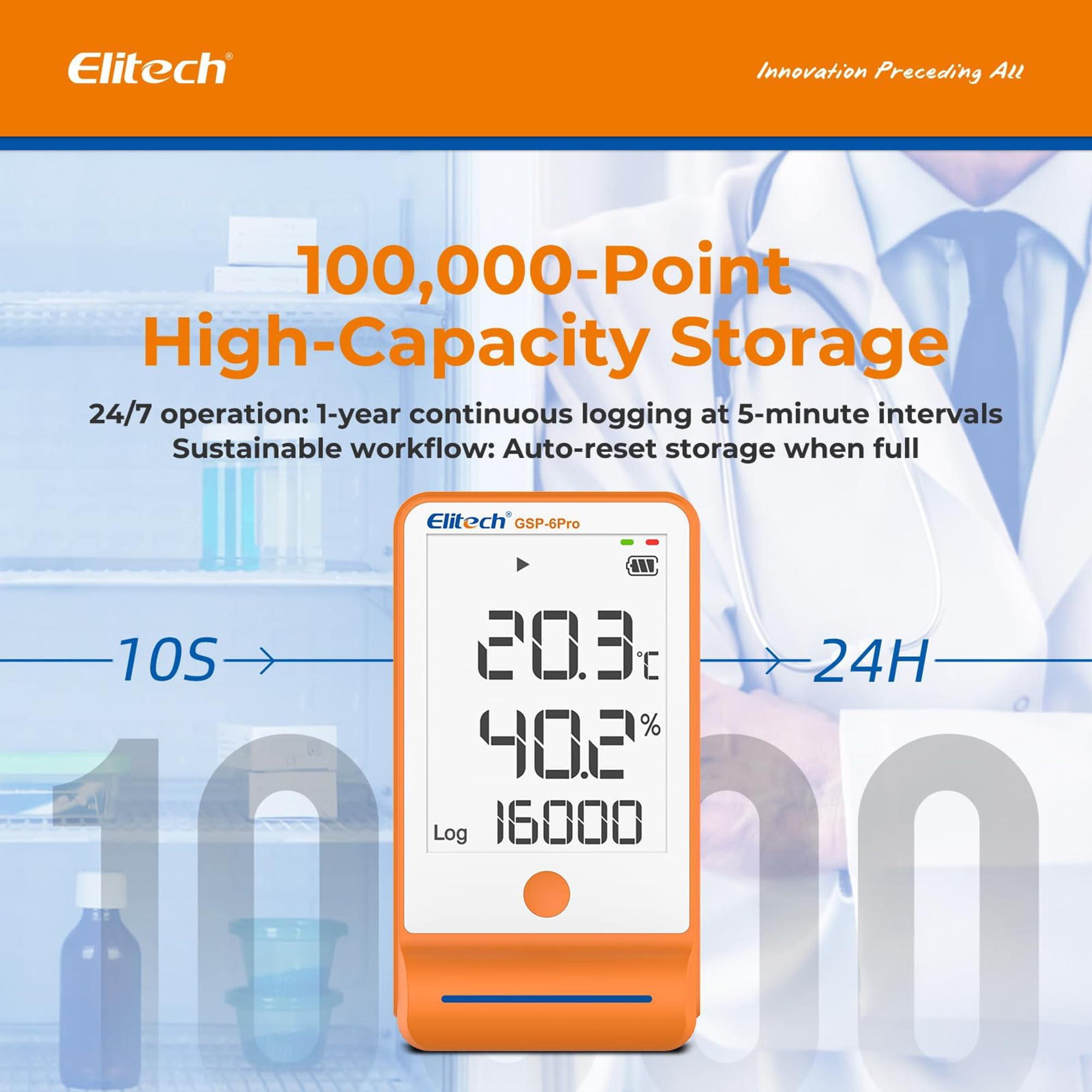 Elitech Rejestrator temperatury Bluetooth 1 sonda żelowa i 1 sonda TH z danymi cienia, raport PDF CSV 100 000 punktów, certyfikat kalibracji lodówki aptecznej, GSP-6Pro GLE+THE
