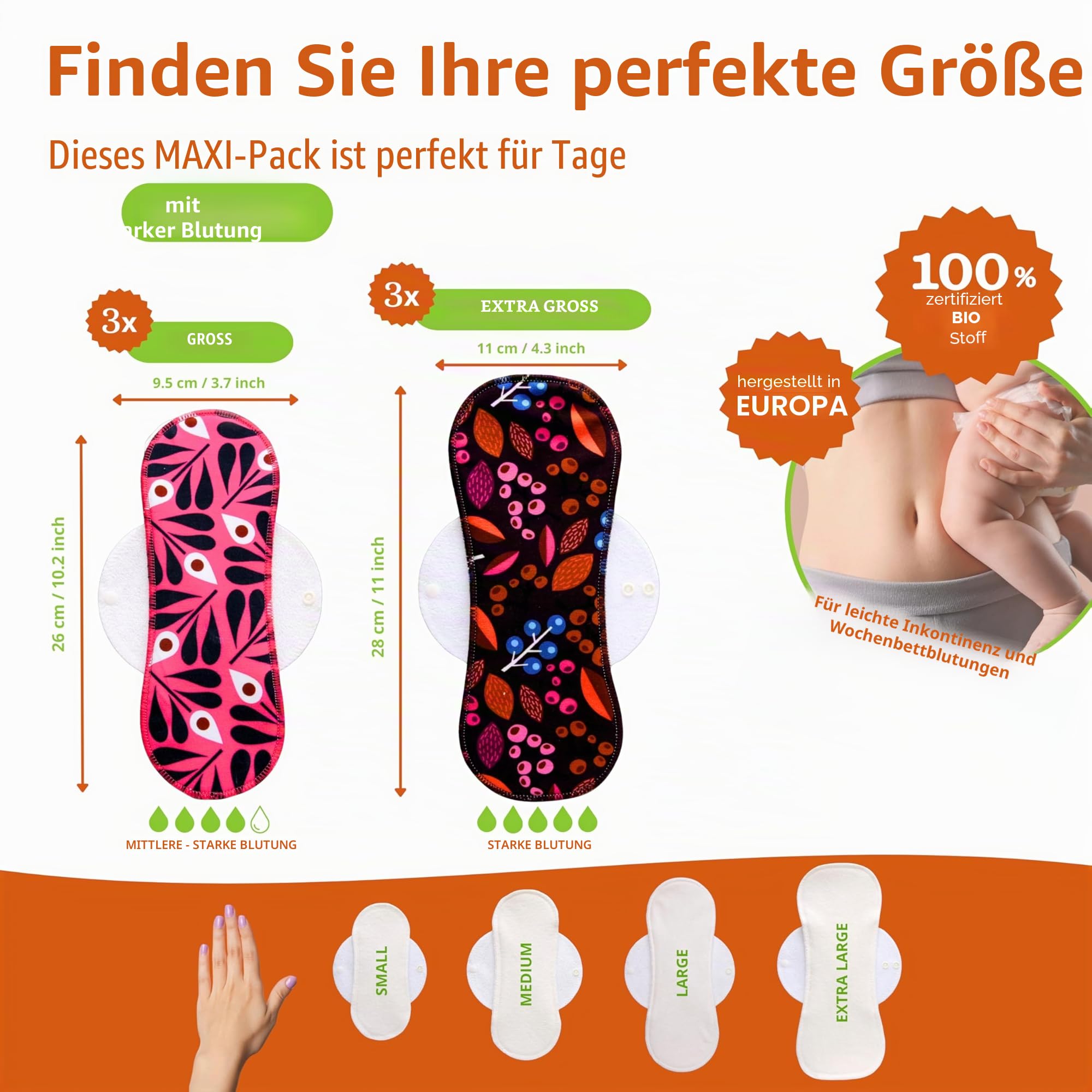 Made in EU – Waschbare Stoffbinden aus Bio-Baumwolle, saugstark für starke Tage & Inkontinenz (6er Set L+XL) – Dünn, atmungsaktiv & mit sicherem Halt; wiederverwendbare Periodenbinden für Frauen