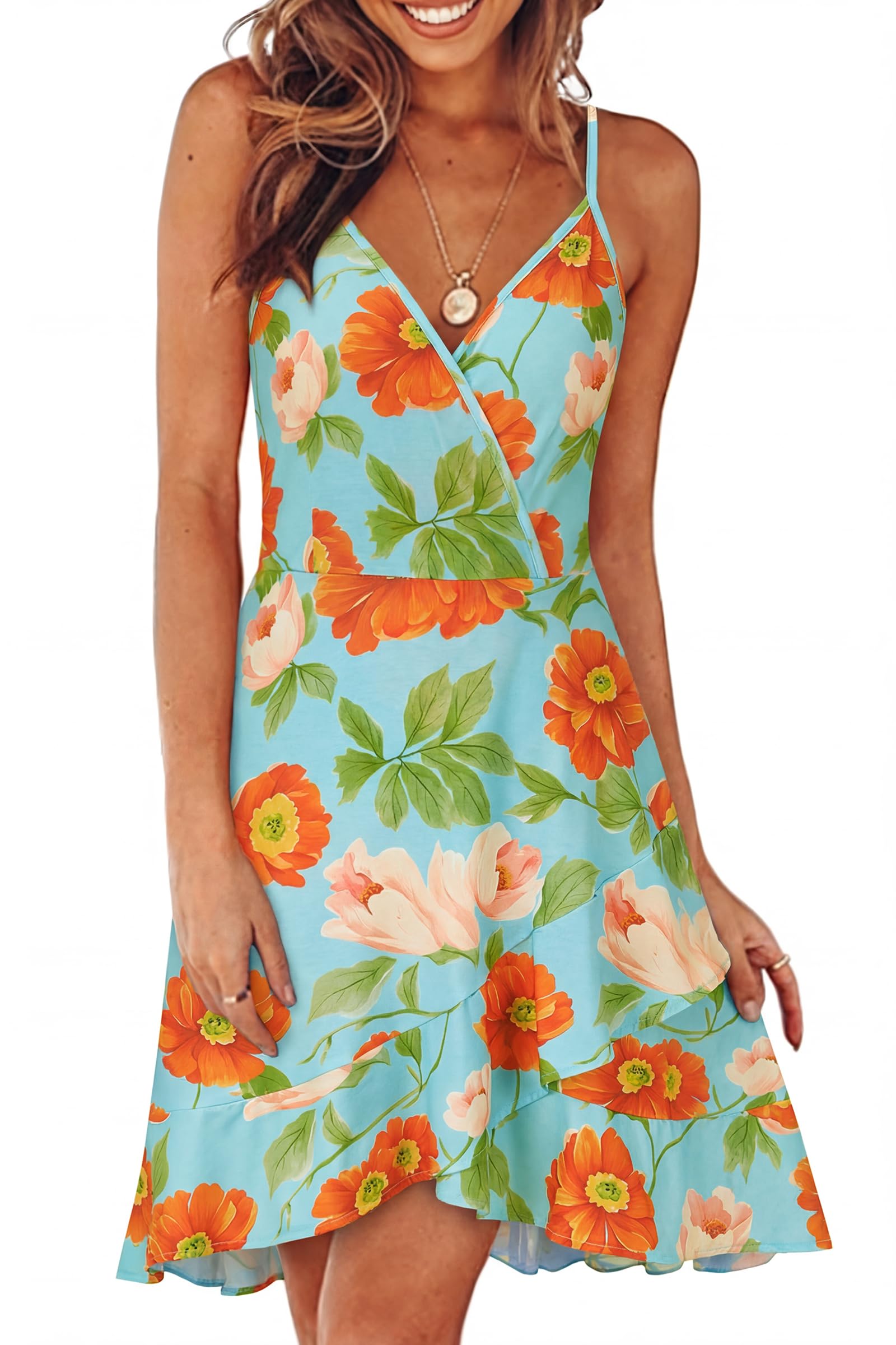 ULTRANICE Womens Summer Dresses Floral V Neck Ruffled Hem Spaghetti Spring Casual Beach Outfits Flowy Wrap Sun Dress