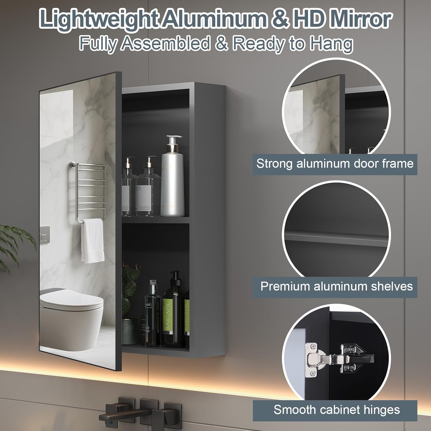 24 x 32 inch Bathroom Medicine Cabinet with Mirror, Black Metal Framed Mirror Medicine Cabinet with Storage, Pre-Assemble Medicine Cabinets, Recessed or Surface Mount