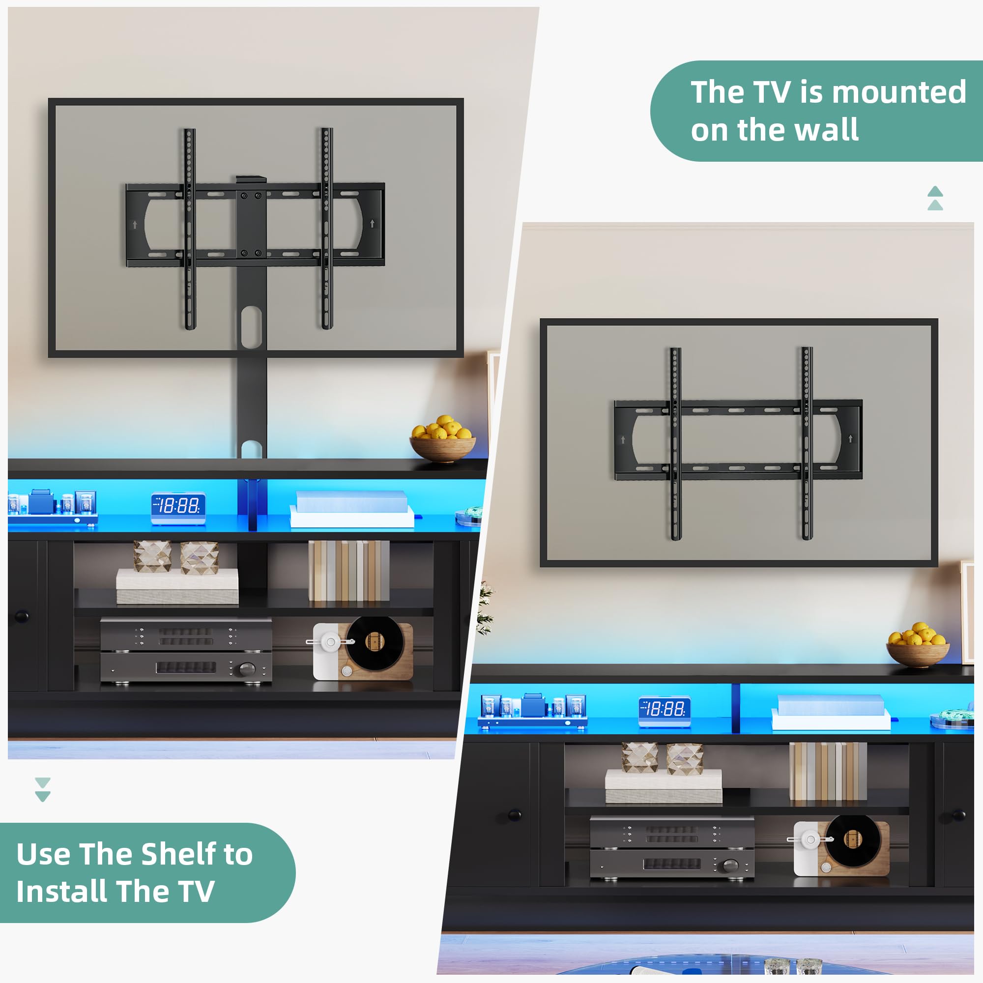 YITAHOME 70" TV Stand with Mount for TVs up to 75/80 Inches, Entertainment Center with Power Outlet & LED Lights, Modern TV Console for Living Room (Black)