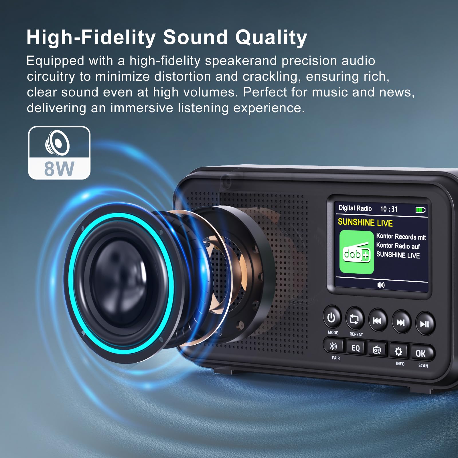 ROCAM DAB Radio Portable with Bluetooth 5.0 & Hi-Fi Speaker, 3000mAH Rechargeable Battery Radio, Mains Powered Digital Radio, 2.4" Display, 40 Presets Stations, Dual Alarms, TF Card Support, EQ Modes - 5