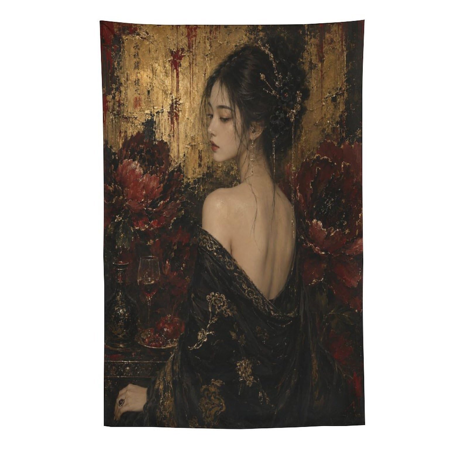 W7C8U2X3 Red Poppy Woman Oil Style Wall Tapestry, Red Floral Field