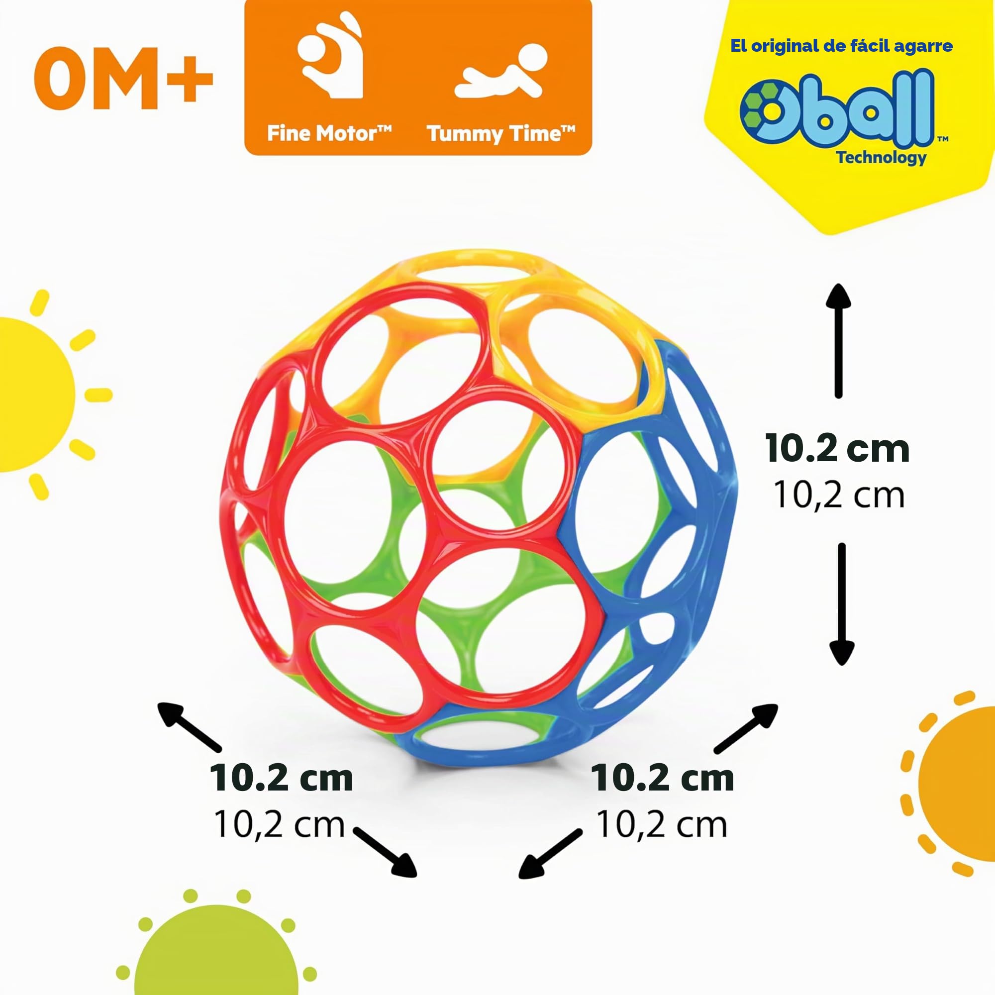 Bright Starts, Pelota Clásica Oball de Fácil Agarre, Libre de BPA, Rojo, Amarillo, Verde, Azul, Edad Recién Nacido y más