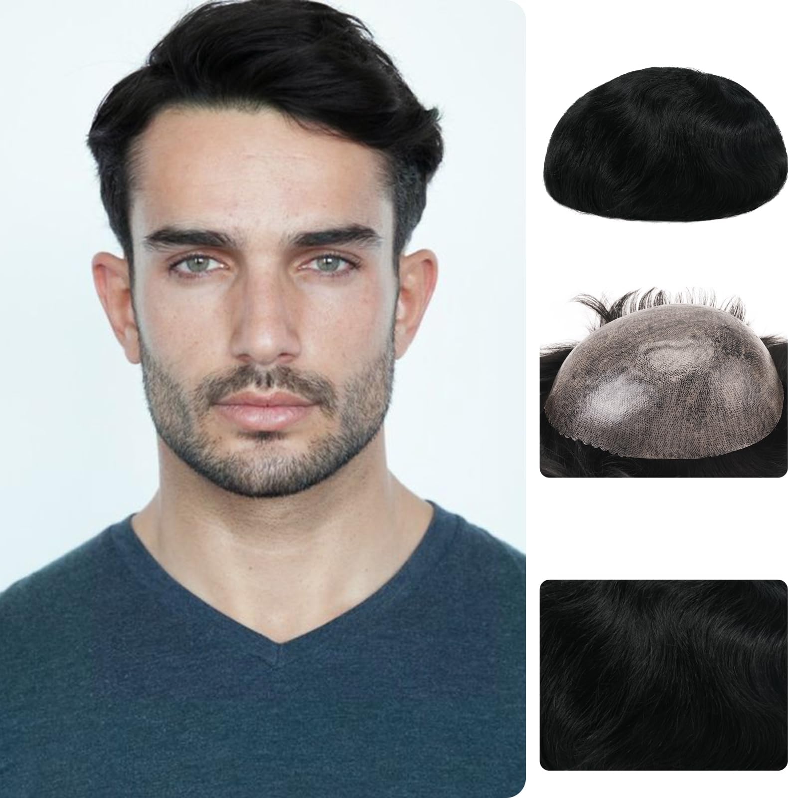 Zakya Hair System for Men Thin Skin Men's Toupee 100% Human Hair Men's Hairpieces 8x10 Inches Base Size Hair Replacement System for Men (Jet Black 1#)