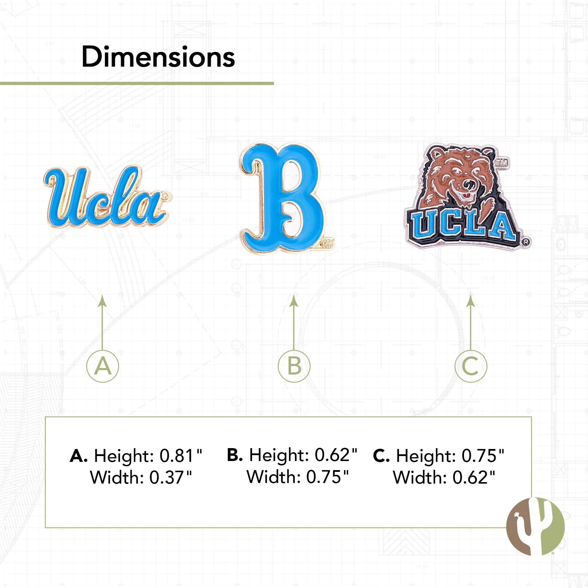 Desert Cactus University of California Los Angeles Lapel Pins 3 Pack UCLA Bruins Logo Enamel Made of Metal (Pin Set)
