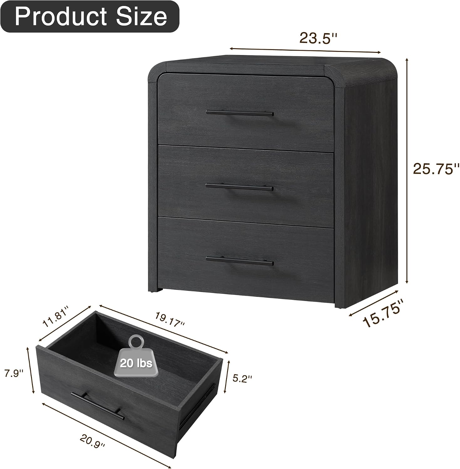 Fatmok Nightstand Set of 2, 23.6" Curved Modern Night Stand with 3-Drawer, Bedside Table, End Table for Bedroom, Large Dresser Storage Cabinet for Home Office Entryway, Black