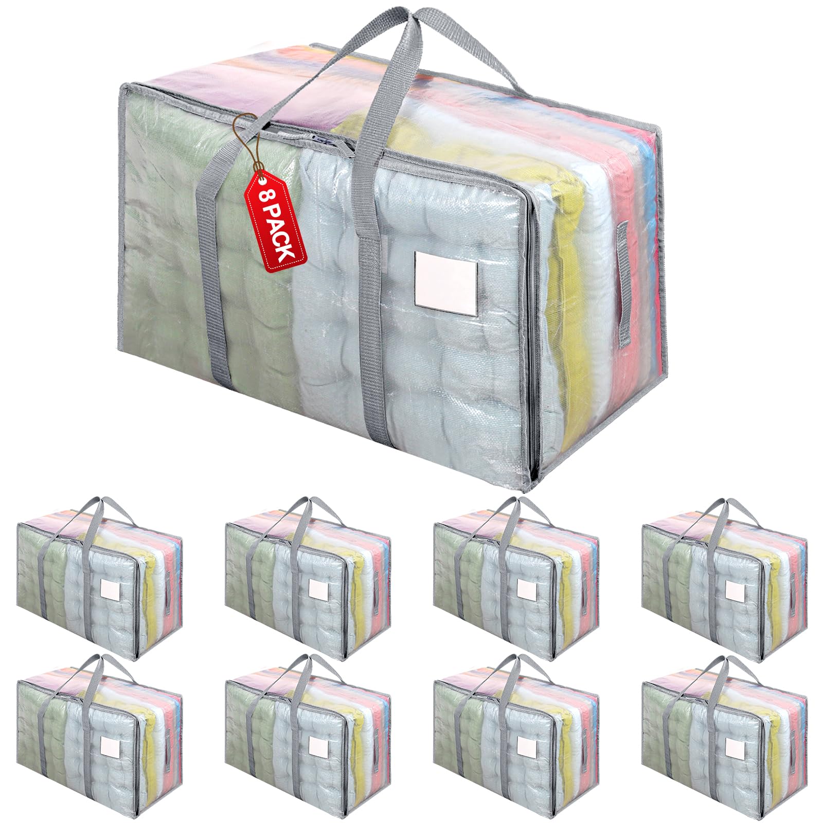Dntorx 8er-Pack 105L Transparente Umzugstaschen Kleidungsaufbewahrungstaschen Strapazierfähige Umzugstaschen Packtaschen mit Reißverschlüssen für Umzug Kleidung Bettwäsche Daunendecke Spielzeug