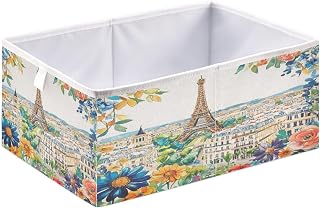 Foldable Storage Cube Paris Tower Flowers Painting Fabric Storage Bin Basket with Handles for Closet Shelf, 15.8x10.6x7 in