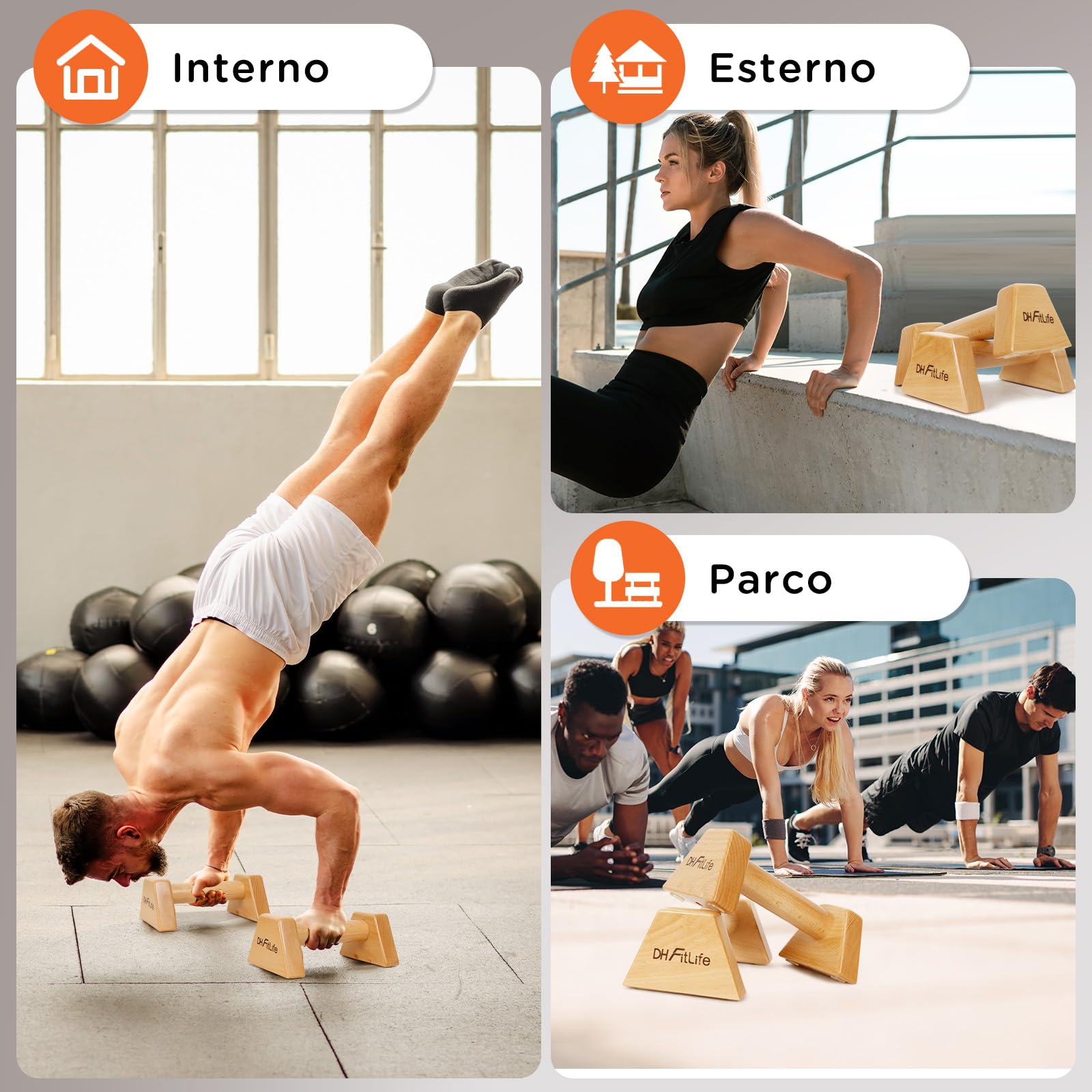 DH FitLife Parallele Calisthenics in Legno – 2x Maniglie Antiscivolo per Flessioni | Parallele Basse | Parallettes | Push-Up Bars | Attrezzatura Calisthenics per Forza | Fitness per Interni & Esterni