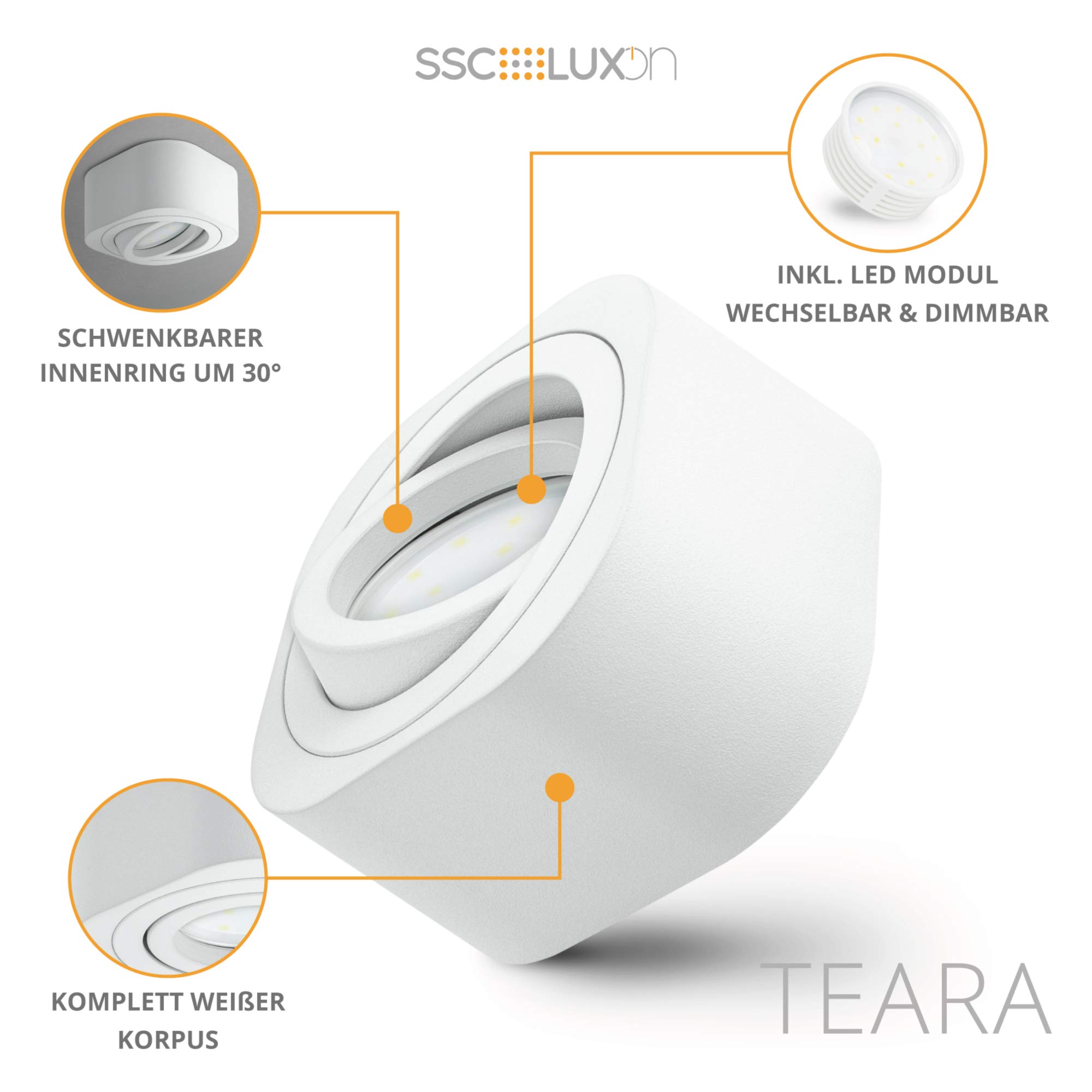 SSC-LUXon TEARA - Juego de 4 focos empotrables LED blancos, planos, orientables, regulables, 5 W, blanco cálido, 230 V
