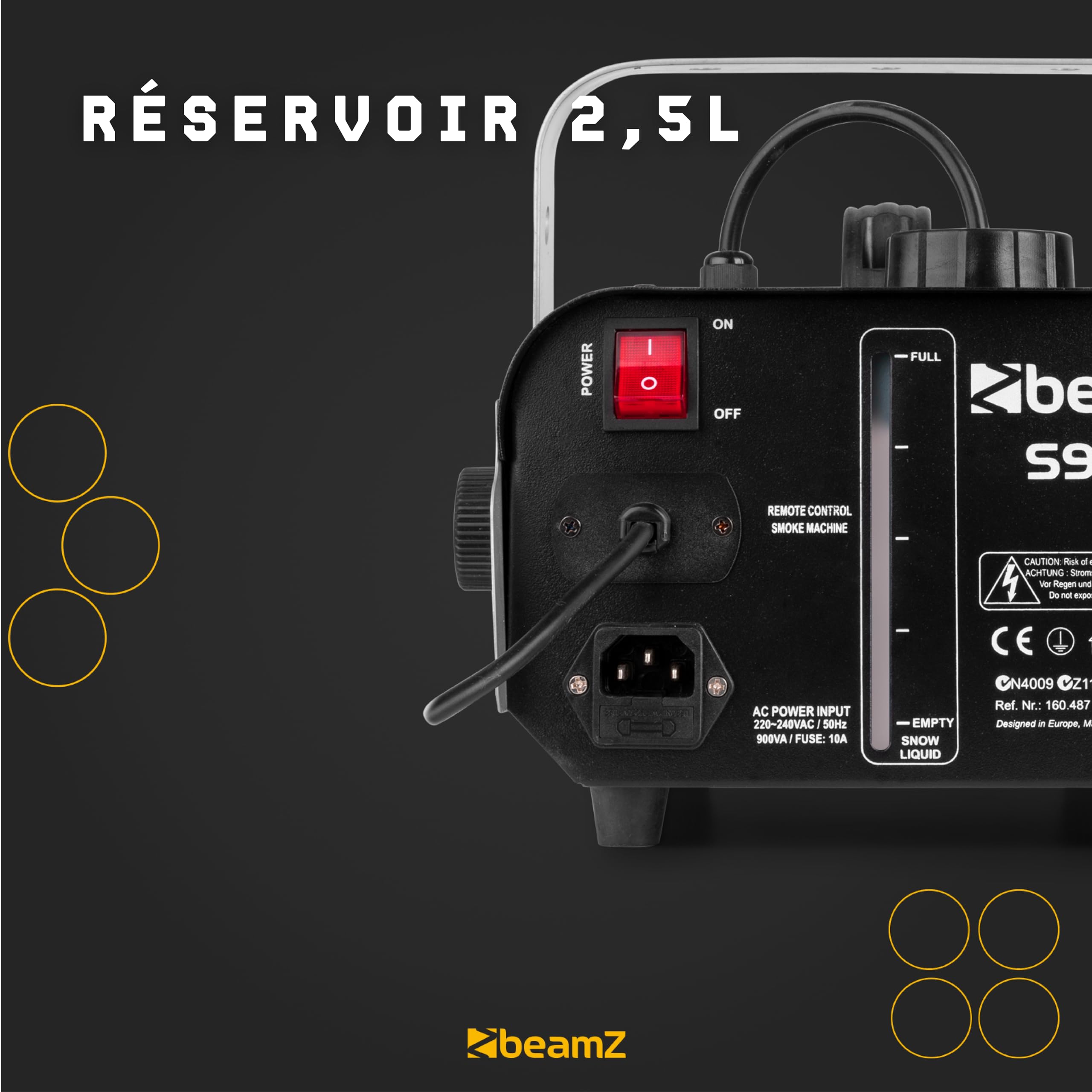 BeamZ S900 Machine à Fumée Solide et Portable, 900 Watts, Télécommande 3 m, Réservoir 1 L, Préchauffe Avant Utilisation : 3 minutes 30, Idéal pour votre Soirée avec des Jeux de Lumière