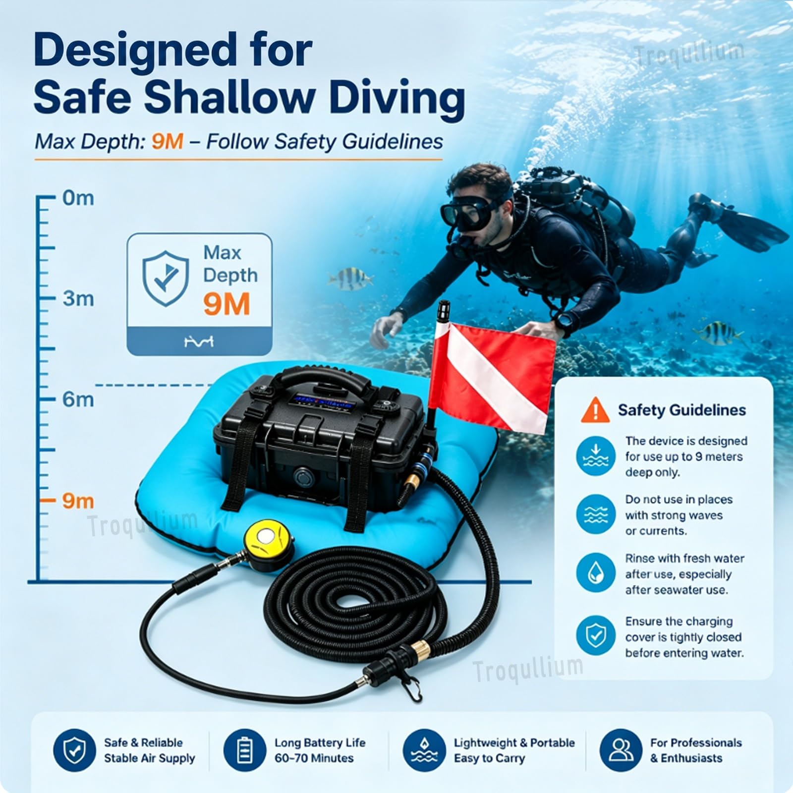 Sistema de Buceo Sin Tanque Recargable, Sistema de Ventilación para Buceo, Impermeable y Resistente a los Golpes,Larga Duración 60-70 minutos, para Buceo y Pesca