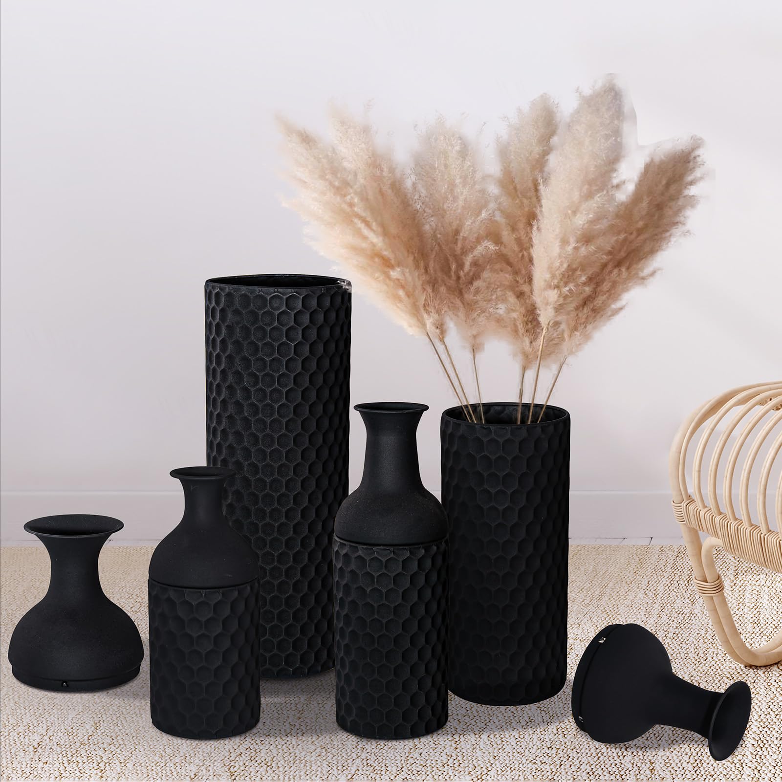 Floreros negros grandes, jarrón de suelo 69/51/42/30 cm, 4 piezas, florero moderno de metal con textura alveolada para sala de estar, casa, sala de estar, pasillo (con superficie esmerilada)