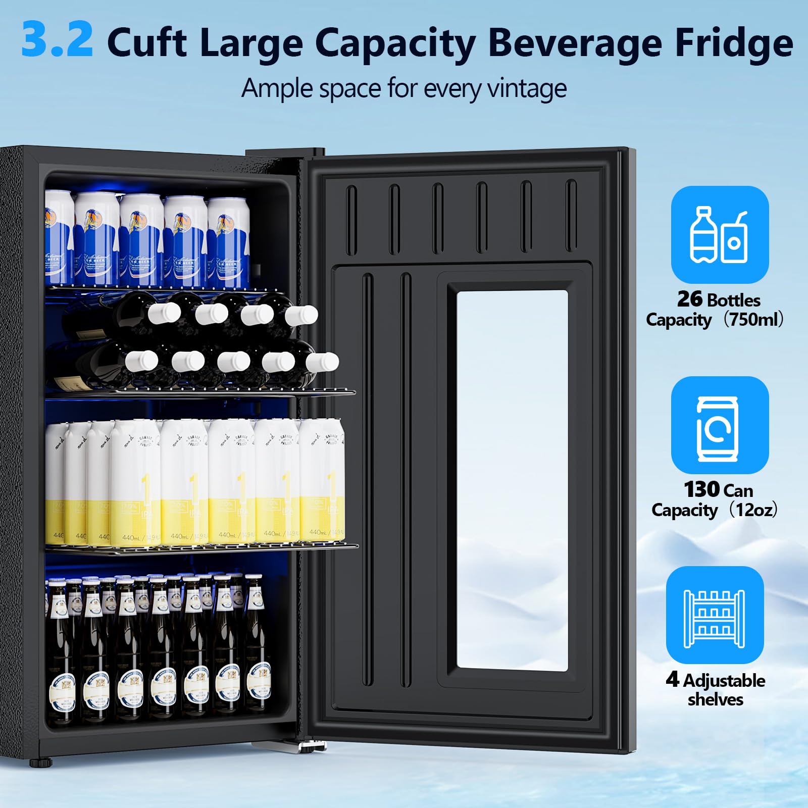 Cowsar 3.2 Cu. Ft. Beverage Refrigerator, 130-Can Beer Cooler With Glass Door, Adjustable Shelves, Digital Temperature Control (20°F–50°F), And LED Lighting For Home, Office & Bar, Black on Fridge.com - View 2