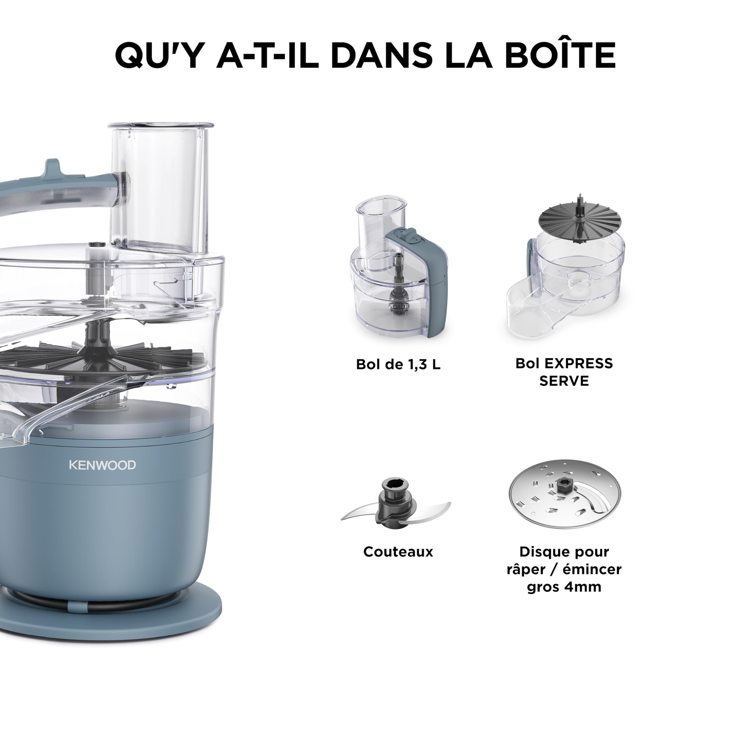 Kenwood MultiPro Compact Robot Multifonction avec Express Serve, Lame en Acier Inoxydable, Disques à Trancher et Râper, Fonction Pulse, Bleu Tempête (FDP23.130GY)