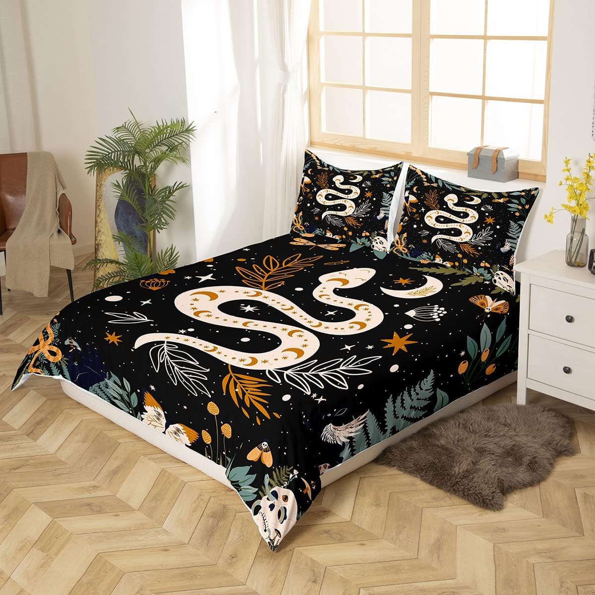 Erosebridal Snake Comforter Cover Sun and Moon Bedding Sets Moth Sugar Skull Duvet Cover Set for Kids Boys Girls Galaxy Starry Sky Butterfly Animal Bedspreads Cover with 2 Pillow Cases Full Size Black