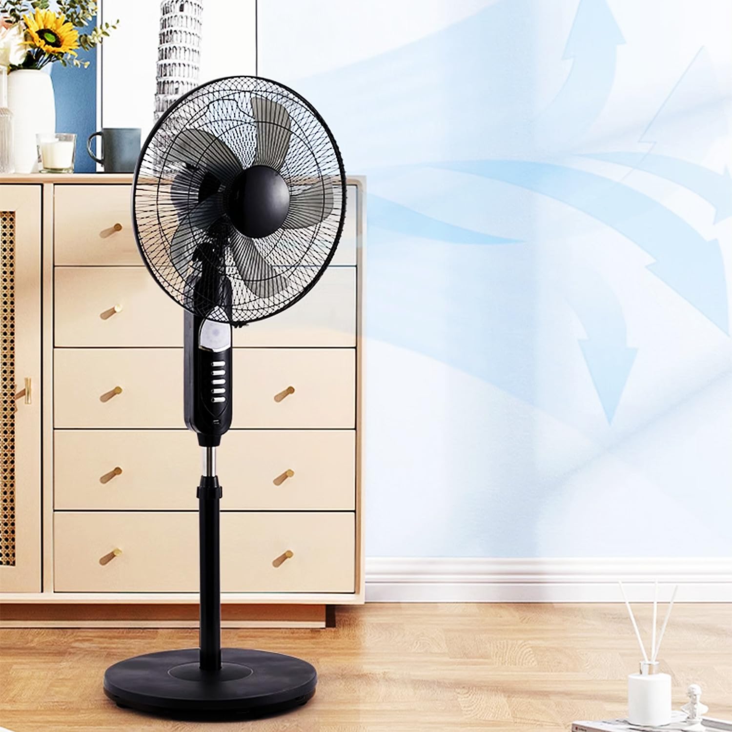 AYCDL Rechargeable Solar Pedestal Fans w/Light, Outdoor Cordless Oscillating Standing Fans, Solar Panel Floor Fan for Home/Commercial, Black