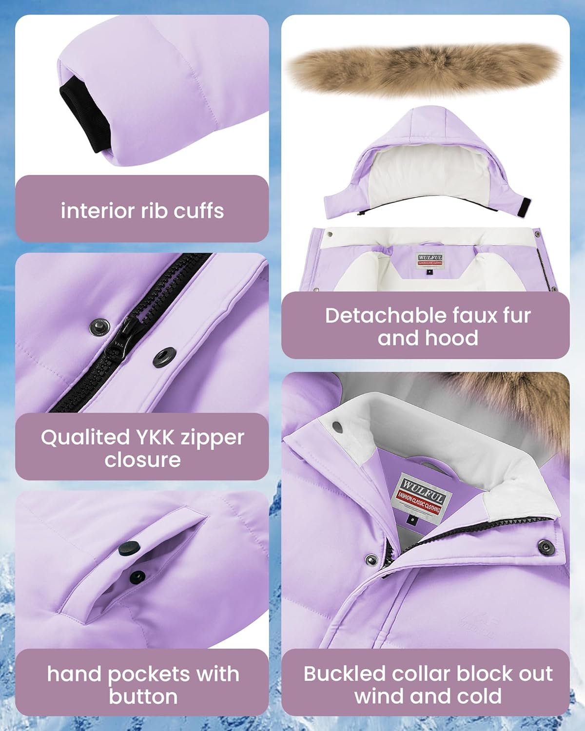 WULFUL Boy's Girls Winter Coats Waterproof Fleece Lined Puffer Jackets Kids Thicken Outerwear With Detachable Hood