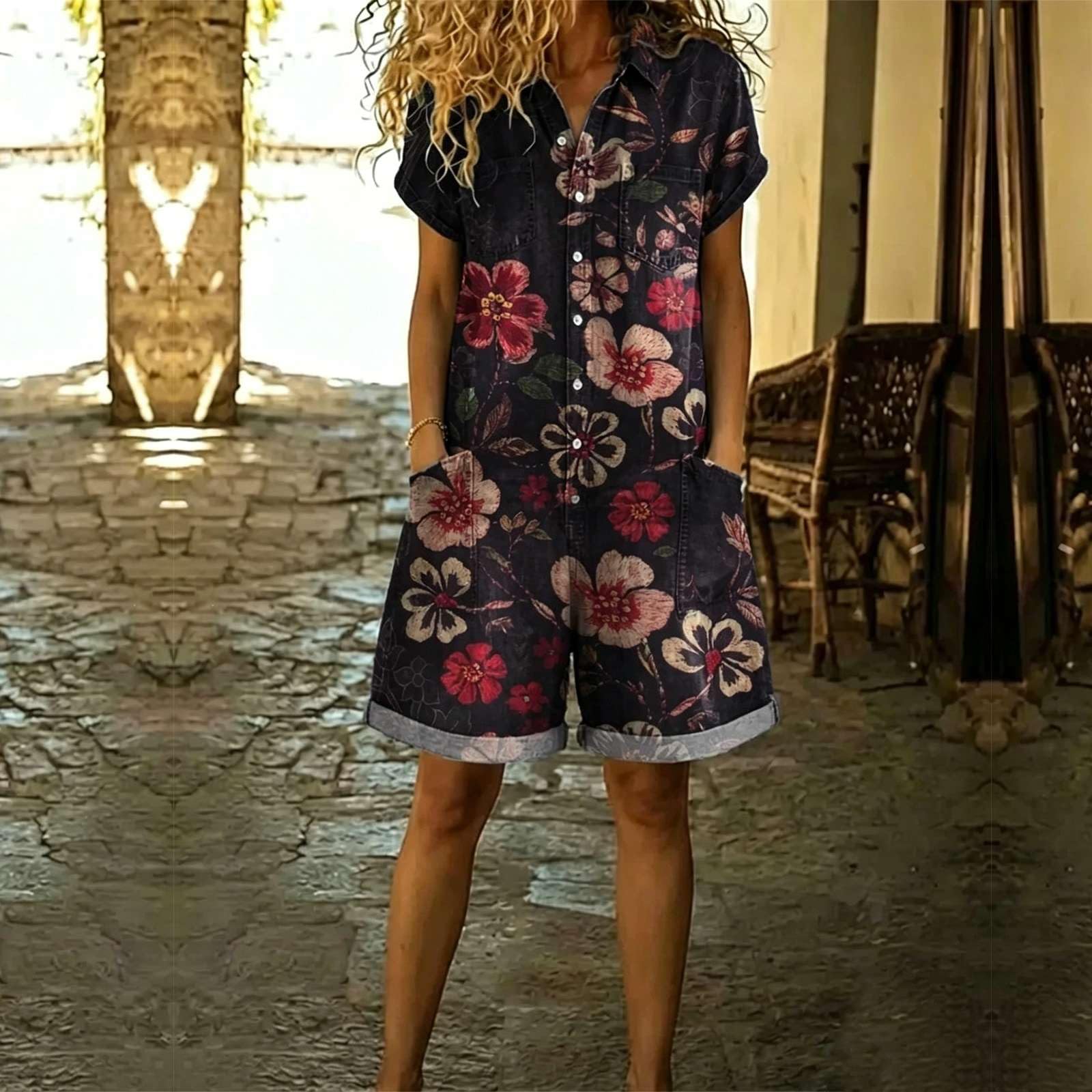 Jeans Jumpsuit Damen Sommer Kurzarm Latzhose Vintage Floral Overalls Casual Baggy Playsuit mit Taschen Einteiler Loose Fit Hosenanzug Boho Hippie Style Bunte Blumen Hose Gartenhose