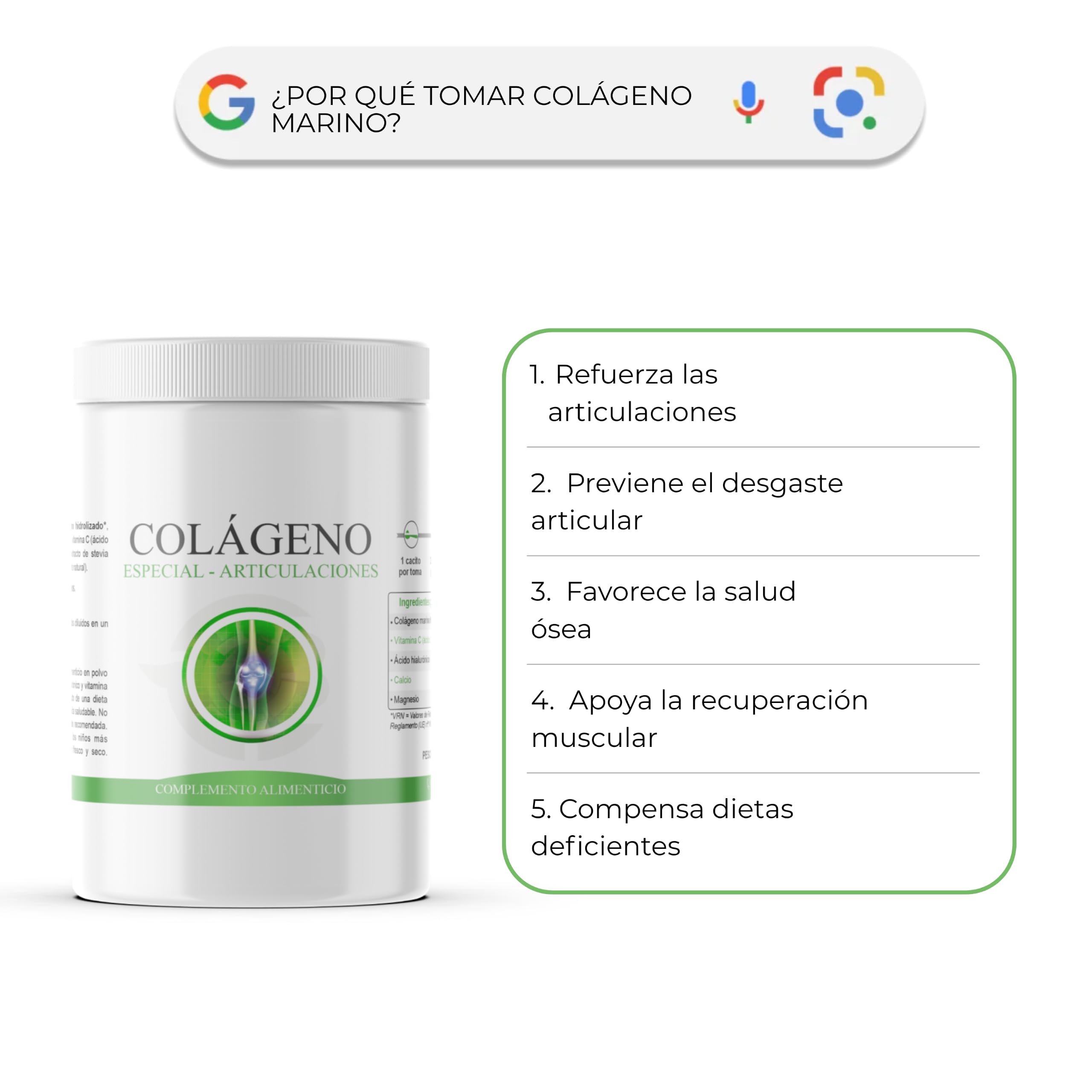 Colágeno Marino Articular | Peptan®, Ácido Hialurónico, Vitamina C, Calcio y Magnesio | Salud Articular y Huesos Formato en Polvo | 300g